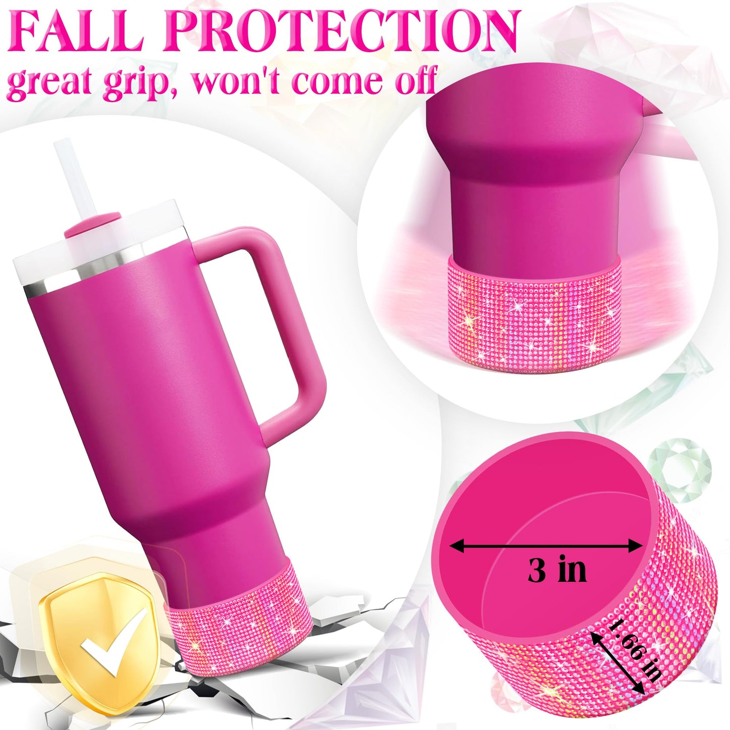 Shining Diamond Silicone Boot for Stanley Cup 20-40oz, Anti-slip Sleeve Made for Hydro Flask Water Bottle 12-24oz & Simple Modern 20-40oz, for More Water Bottles/Tumblers of 2.8-2.95" Base, Rose Red