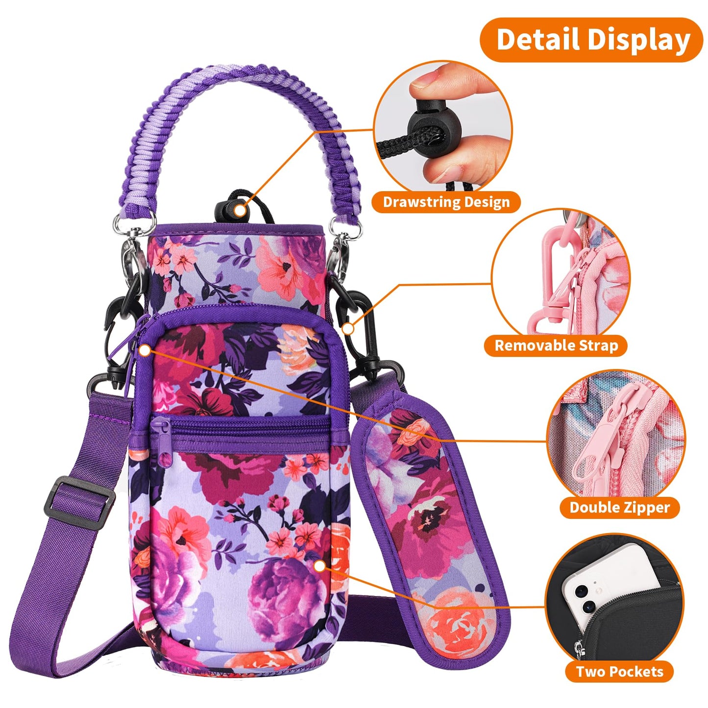 AceTreker Water Bottle Carrier Bag, 32 oz/ 40 oz Insulated Water Bottle Sleeve with Paracord Hanlde & Strap, Neoprene Metal Canteen Pouch Holder with Phone Pocket for Gym, Sport, Fishing