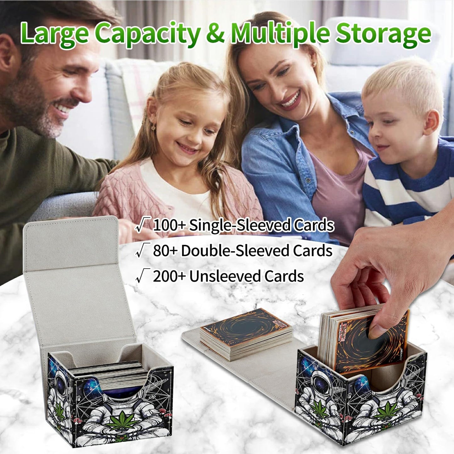 RWUTYTIUL Card Deck Box for MTG Cards, Card Storage Box Fits 100+ Sleeved Cards, PU Leather Large Size Strong Magnet Card Deck Case Holder for Board Game Magic MTG TCG CCG, Planet Man