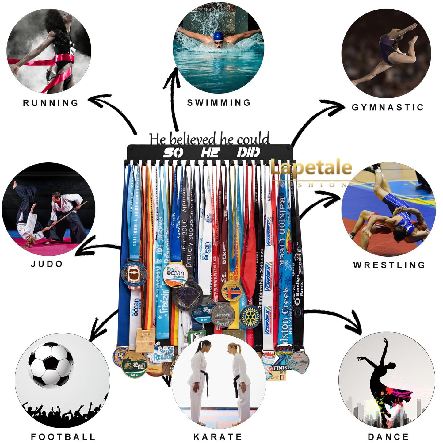 Lapetale Fashion He Believed He Could SO HE DID Medal Hanger Holder Display Rack for All Sports Metal Steel Medal Hanger Holder,Wresting Medal Holder for Boys in 16" Long,Medal Holder for Wall