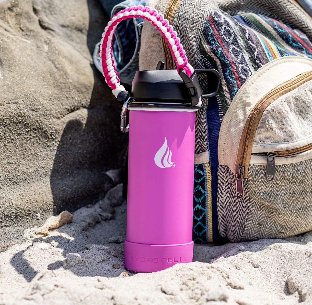 HYDRO CELL Paracord Handle for Wide Mouth Water Bottles - Carrier Strap w/Attachment Ring and Carabiner Accessory. Compatible w/ 64oz, 40oz 32oz, 24oz, 18oz, 14oz Insulated Bottles (Fuchsia/White)