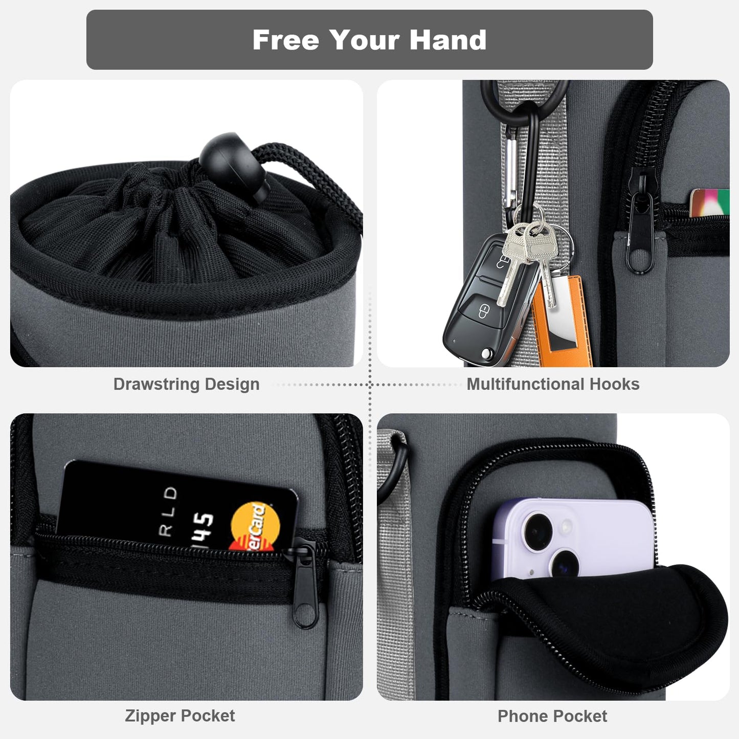 Bstge Water Bottle Holder with Strap, Water Bottle Carrier Bag with Phone Pocket, Shoulder Hand Strap Insulated Neoprene 32 oz Water Bottle Sleeve for Walking Hiking Camping Gym(Gray)