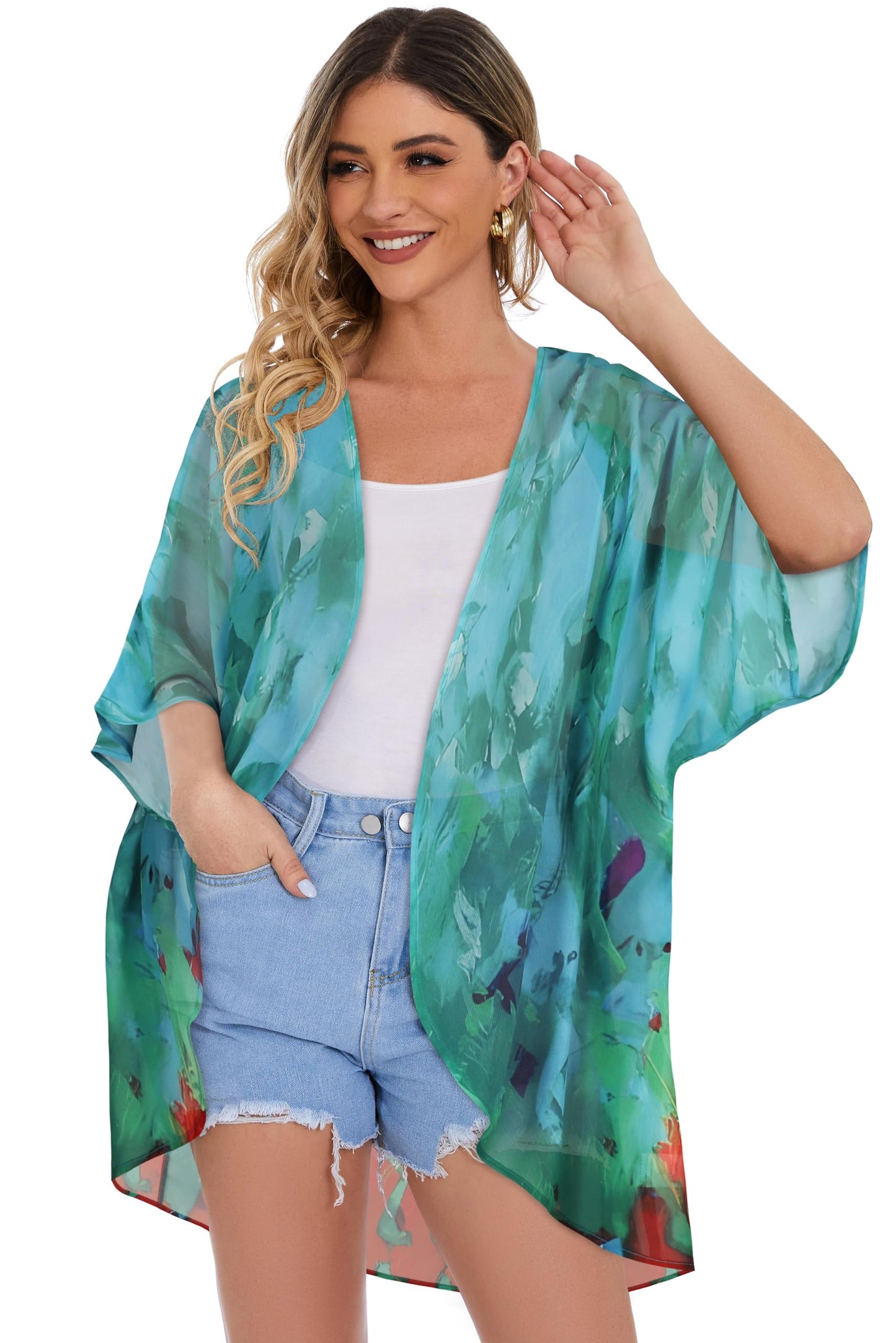 Womens Short Cardigans Casual Oversized Open Front Kimono Tops Bathings Suit Cover-ups (Teal Blue Print, S)