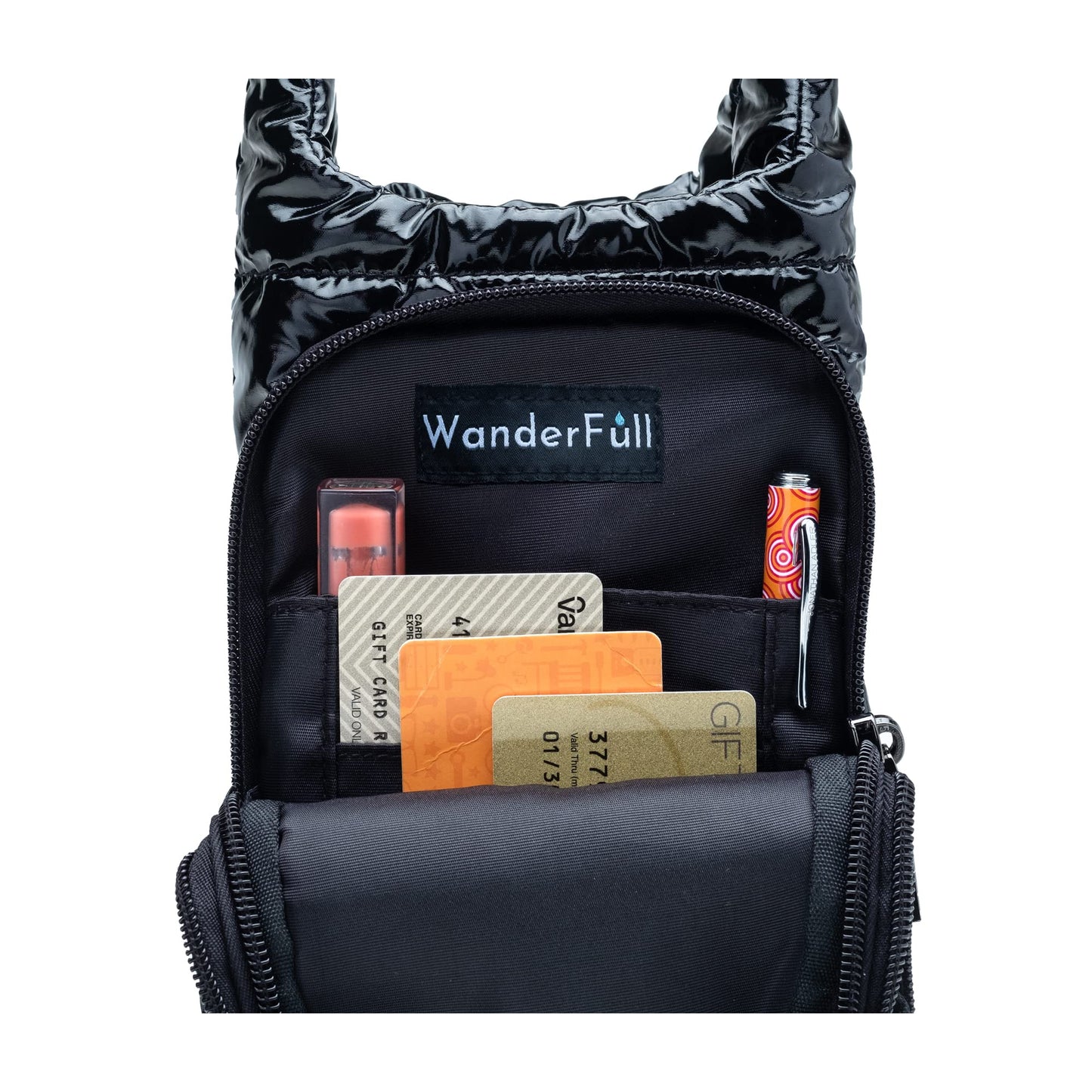 WanderFull Original Crossbody HydroBag | Quilted Water Bottle Carrier | Puffer Tote Tumbler Holder with Pockets for Phone & Accessories | Carry Travel Essentials (Black Glossy/Grey Striped Strap)
