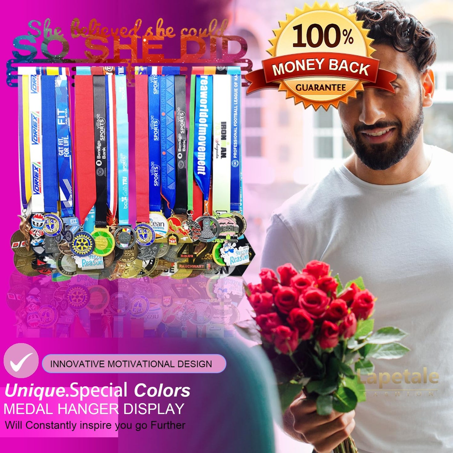Lapetale Fashion Medal Hanger Holder Display Wall Rack Frame Shelf in 16" long-Medal Hanger Awards Ribbon Cheer,gymnastics,soccer,softball Holder Display Custom Rack for Sports Medals Easy to Install