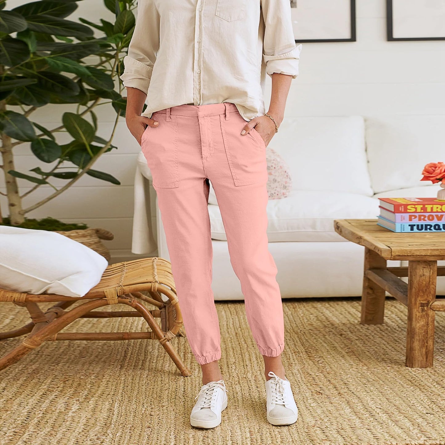Linen Joggers for Women Casual Cropped Linen Pants High Waisted Tapered Leg Jogger Pants with Pockets Utility Ankle Length Chino Pants Cinch Bottom Trousers Petite Harem Pants Baggy Jogger Scrubs