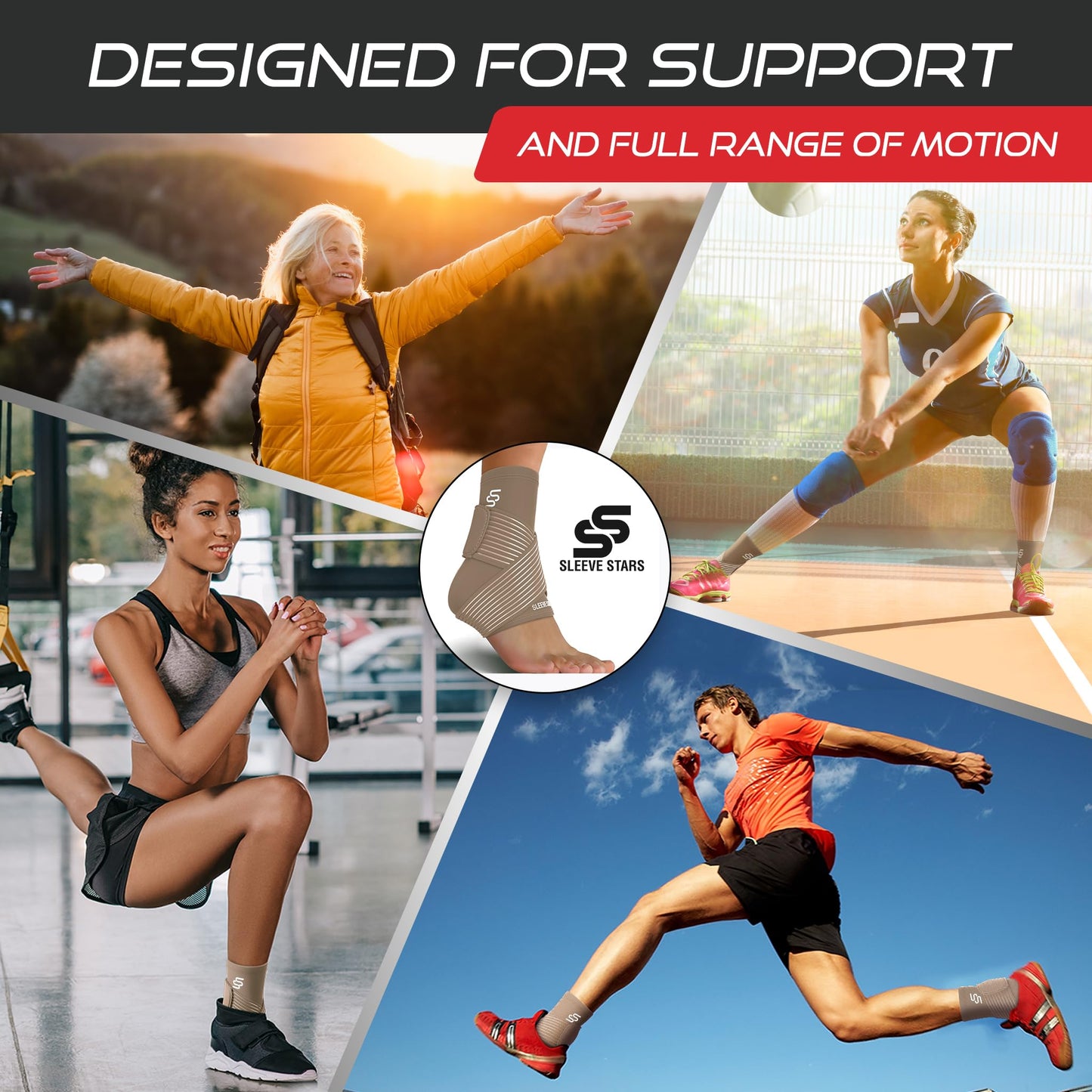 Sleeve Stars Ankle Brace for Sprained Ankle, Plantar Fasciitis Relief Achilles Tendonitis Brace, Ankle Support for Women & Men with Strap, Heel Protector Wrap for Pain & Compression (Single/Beige)