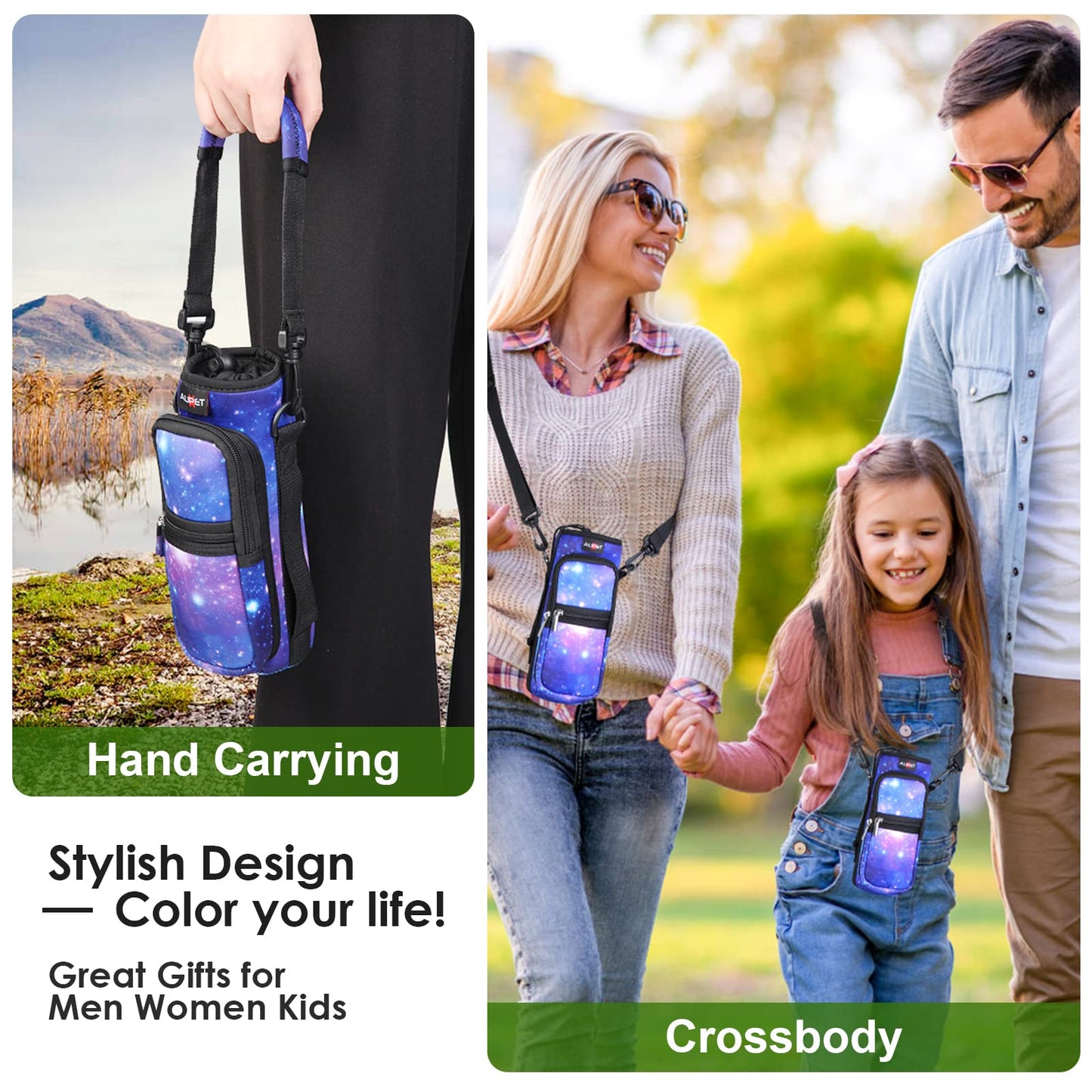 AUPET Water Bottle Sling Bag Sleeve Holder Carrier 25/32/40/64 oz,Insulated Crossbody Water Bottle Case Cover with Strap and Pockets for Men/Women Walking Hiking Camping (25oz, purple starry sky)