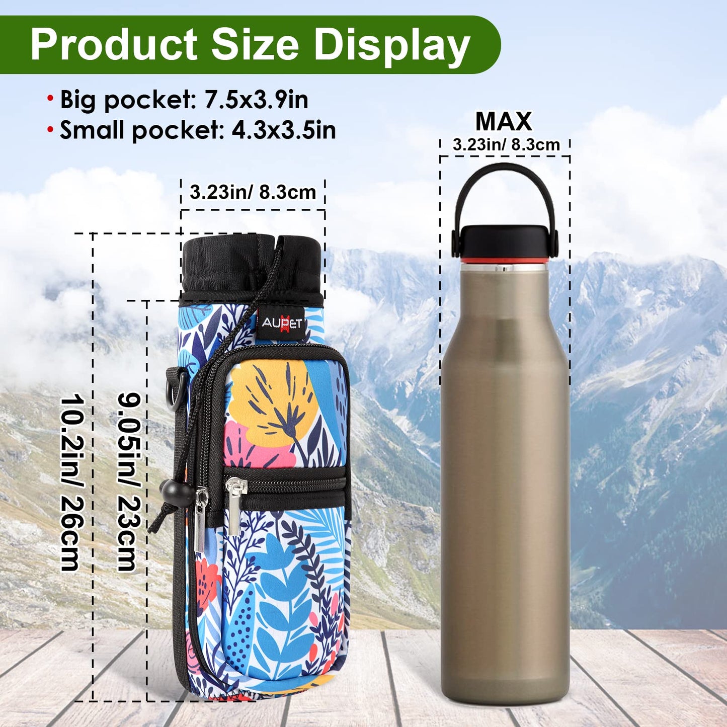 AUPET Water Bottle Sling Bag Sleeve Holder Carrier 25/32/40/64 oz,Insulated Crossbody Water Bottle Case Cover with Strap and Pockets for Men/Women Walking Hiking Camping (25oz, blue orange flower)