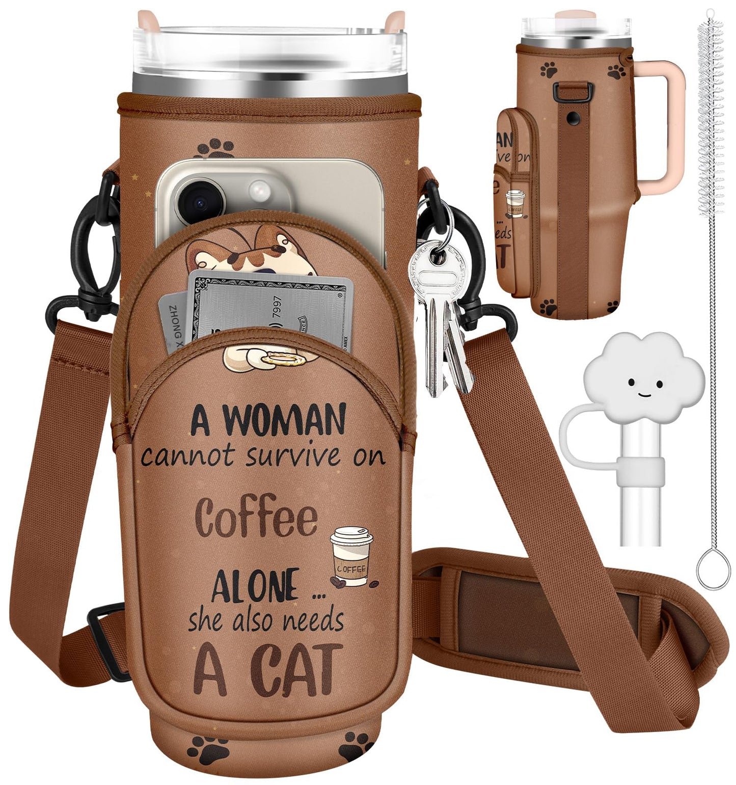 Toykee Water Bottle Holder Carrier Bag for Stanley 40 OZ Tumbler with Strap Phone Pocket, Brown Wrap Around Drink Cup Purse Pouch with Straw Cover Cleaner Brush Accessories Coffee Cat Print