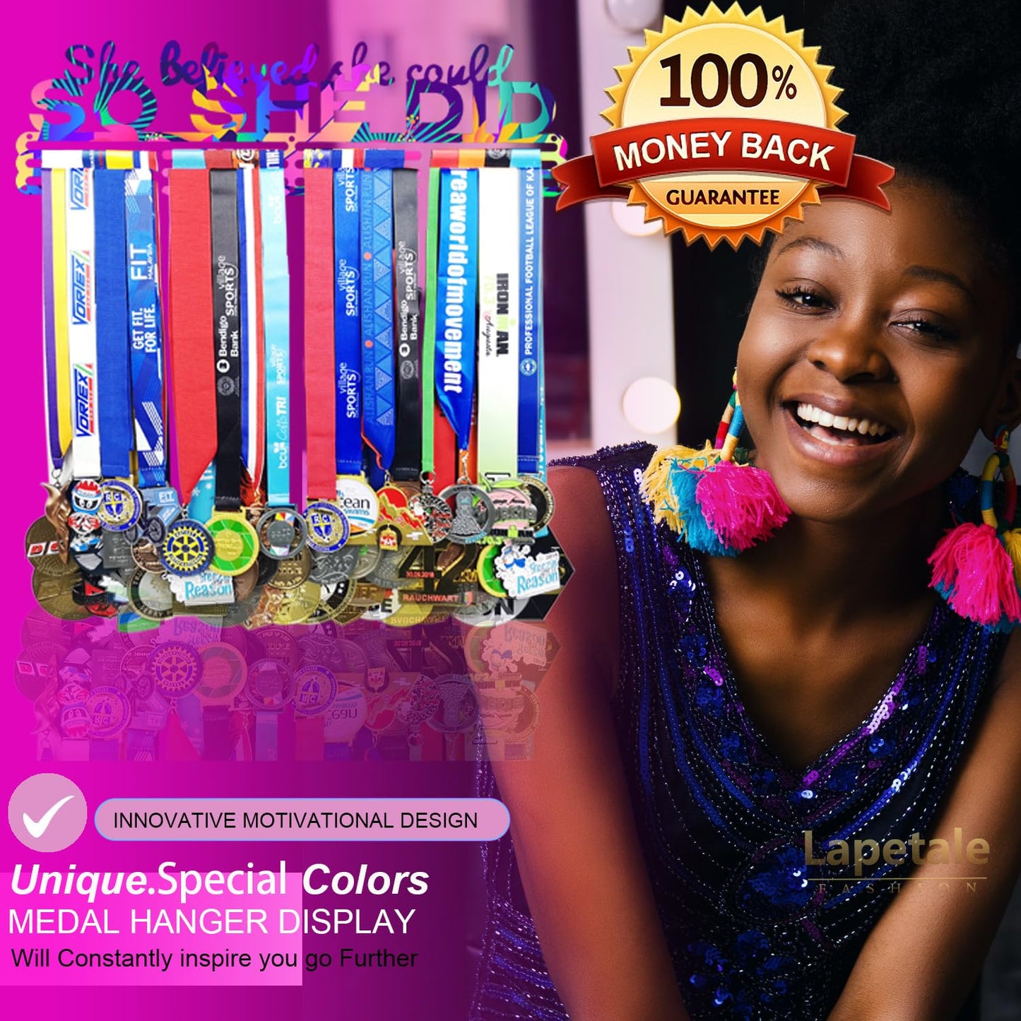 Lapetale Fashion Medal Hanger Holder Display Wall Rack Frame Shelf in 16" long-Medal Hanger Awards Ribbon Cheer,gymnastics,soccer,softball Holder Display Custom Rack for Sports Medals Easy to Install