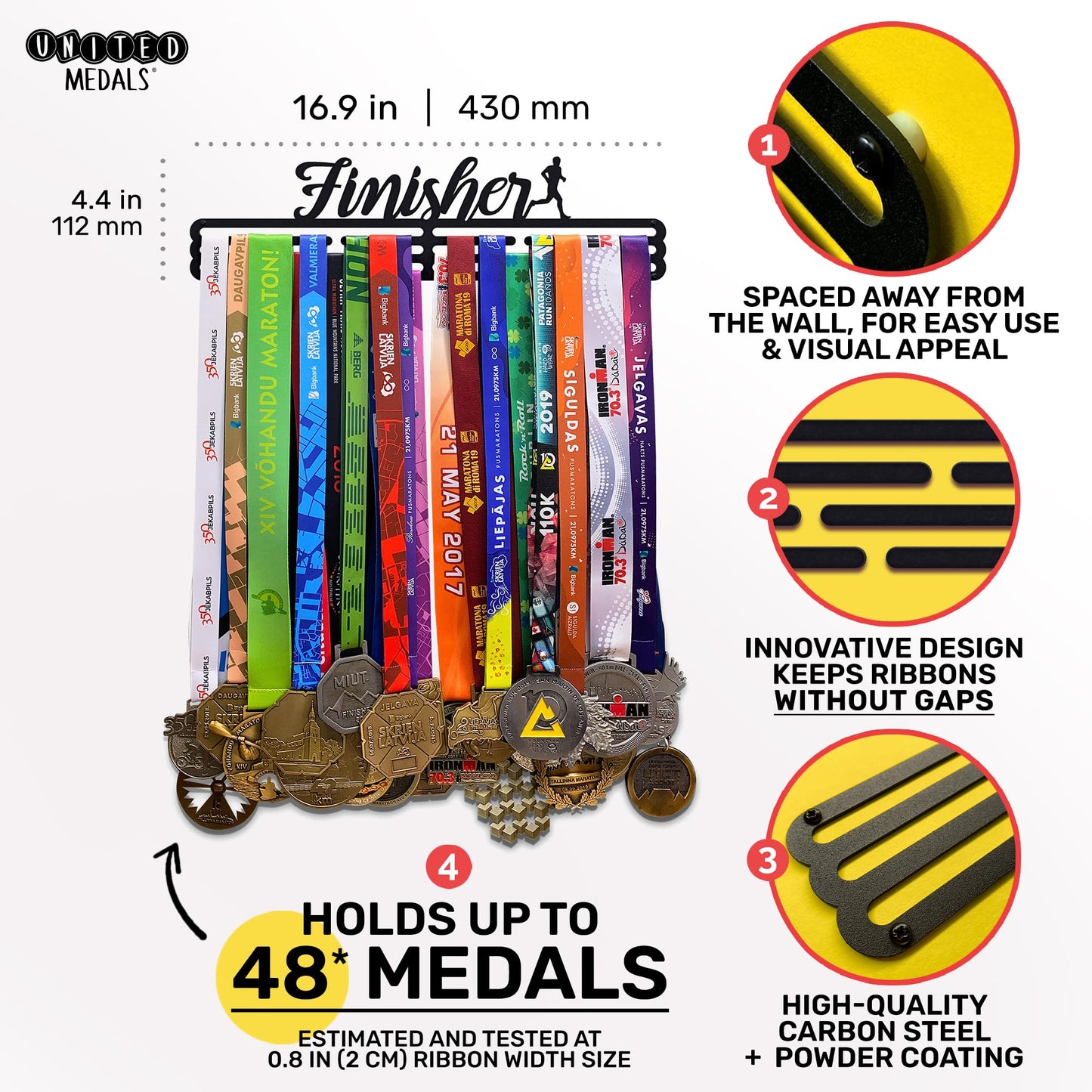 Sports Medal Hanger Display Race FINISHER | Black Race Medal Holder Awards Wall Mount | Running Marathon Race Medal Display for Wall | Steel medal holder for wall holds up to 48 Medals