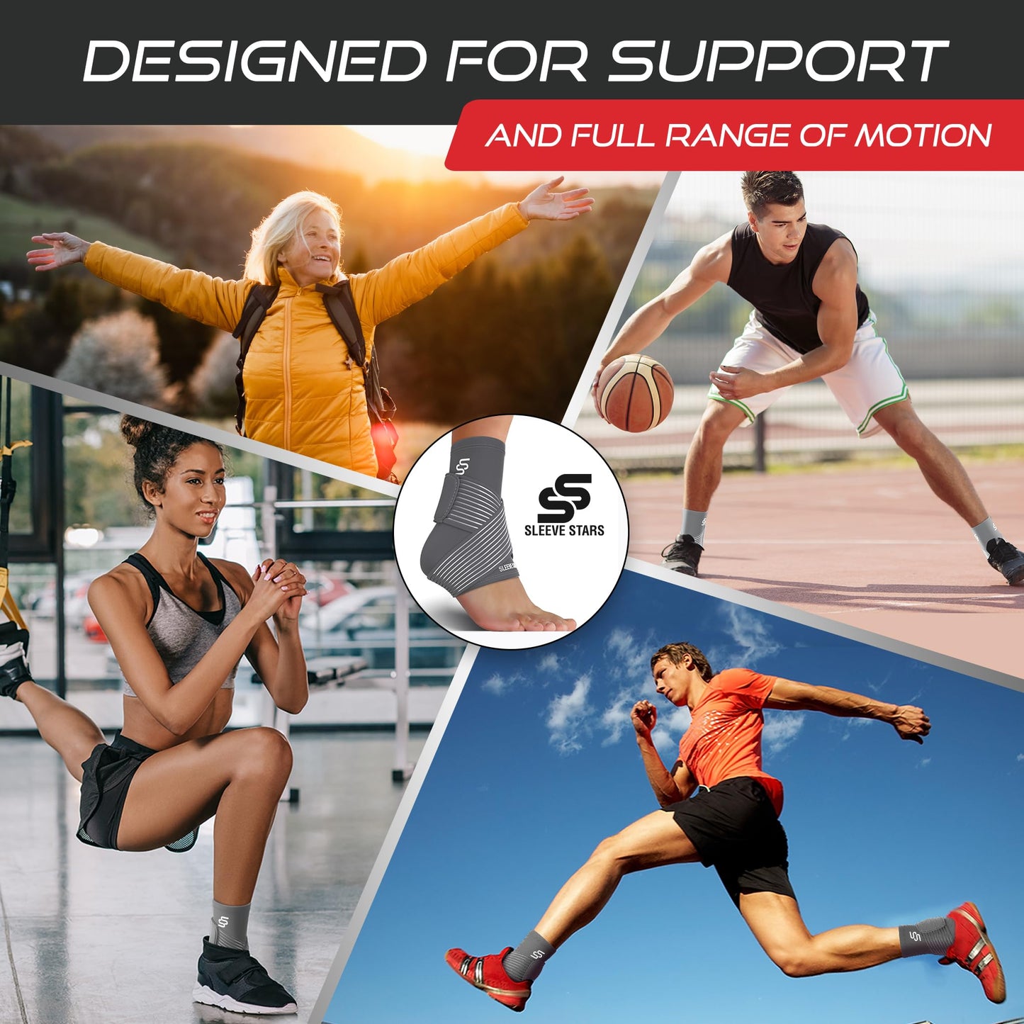 Sleeve Stars Ankle Brace for Sprained Ankle, Plantar Fasciitis Relief Achilles Tendonitis Brace, Ankle Support for Women & Men with Strap, Heel Protector Wrap for Pain & Compression (Single/Gray)