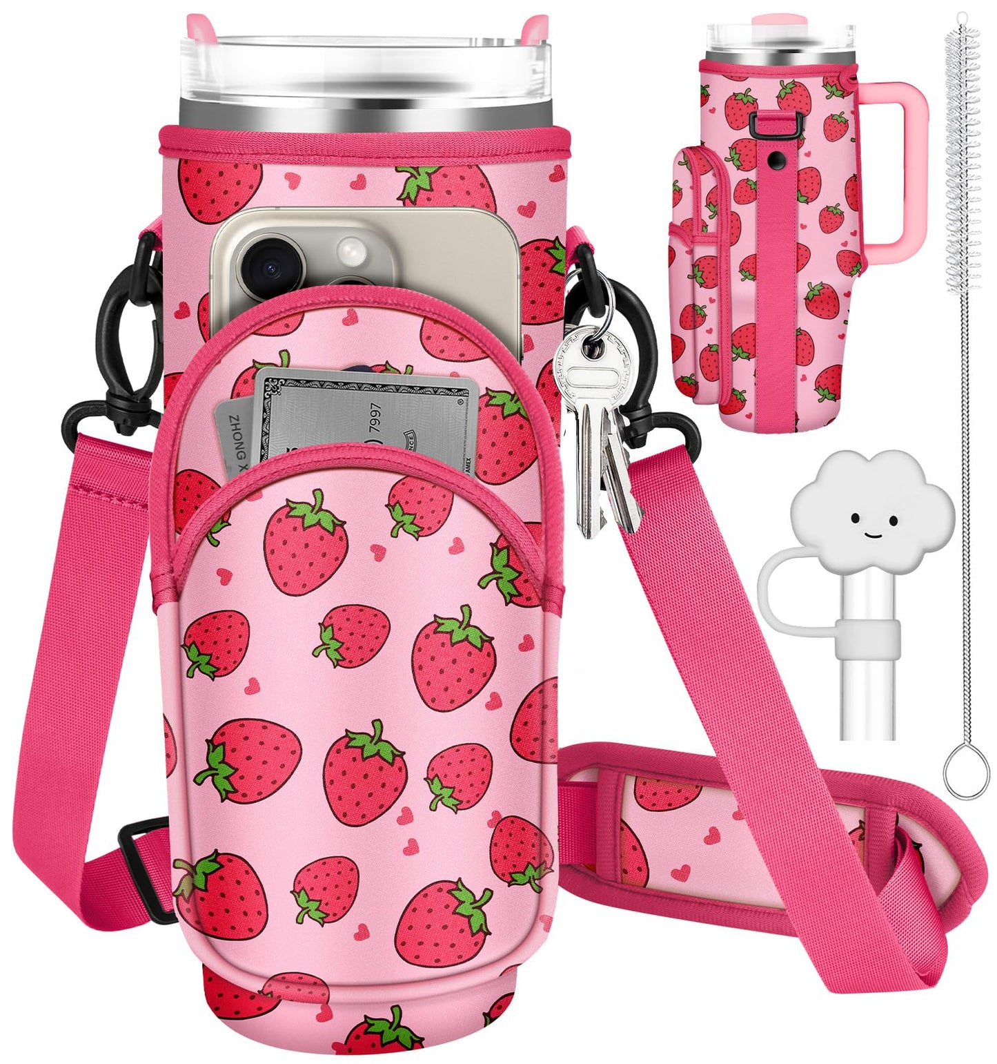 Toykee Water Bottle Holder Carrier Bag for Stanley 40 OZ Tumbler with Strap Phone Pocket, Wrap Around Drink Cup Purse Pouch with Straw Cover Cleaner Brush Accessories Strawberry Print