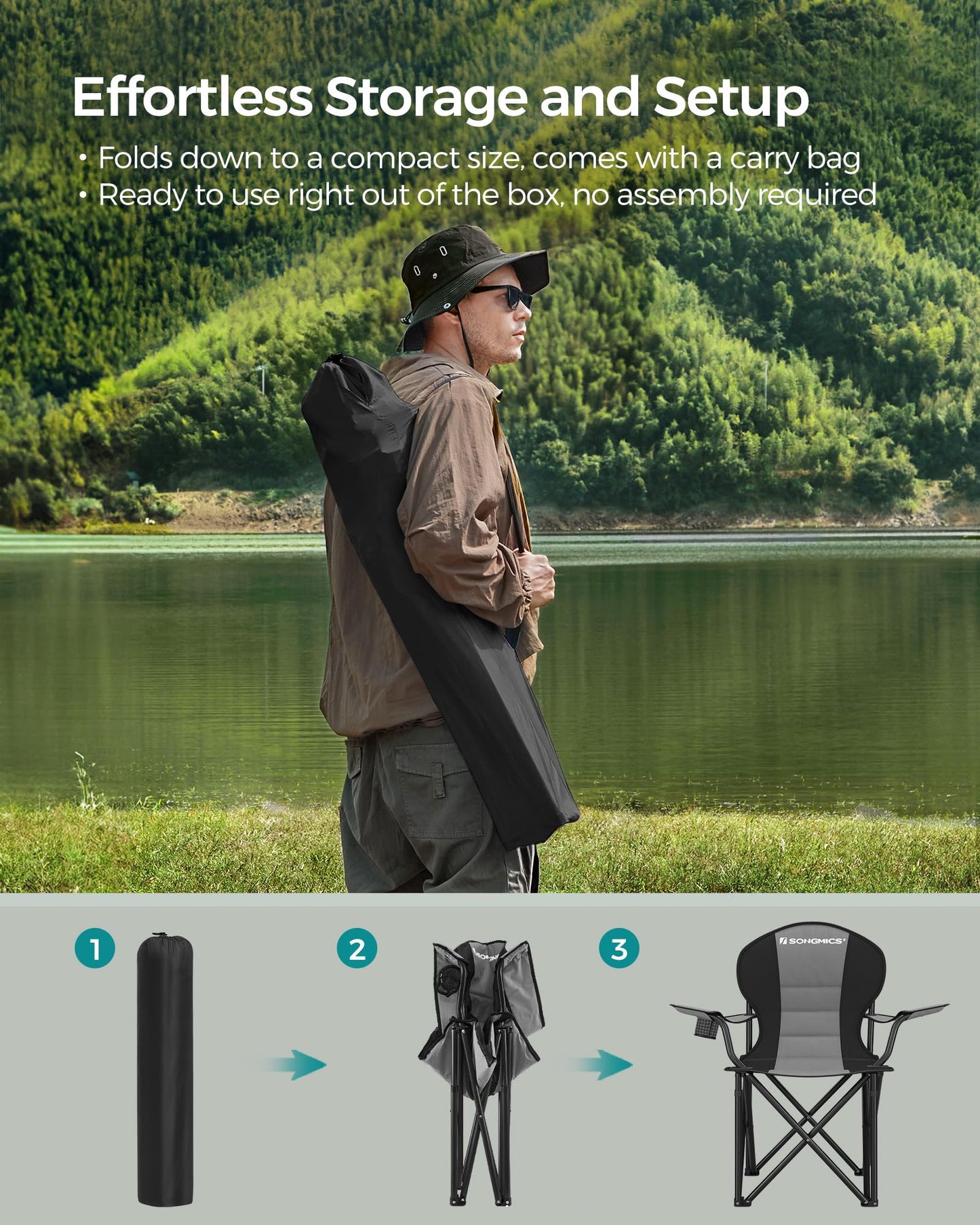 SONGMICS Folding Camping Chair Set of 2, Supports 551 lb per Chair, with Comfortable Sponge Seat, Heavy Duty Structure, Cup Holder, Outdoor Picnic Chair, Grey and Black UGCB206G01