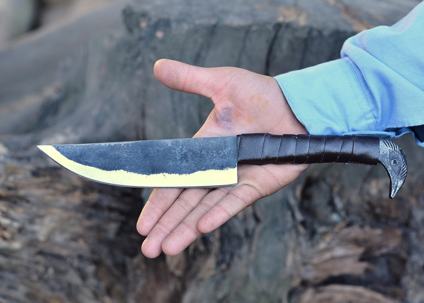 Hunting Knife Fixed Blade Raven Head Hand Forged Viking Knife, High Carbon Steel Blade, EDC Full Tang Outdoor Activities, Camping, Skinning Hiking Knife, Bushcraft Knife, Belt Loop Leather Cover