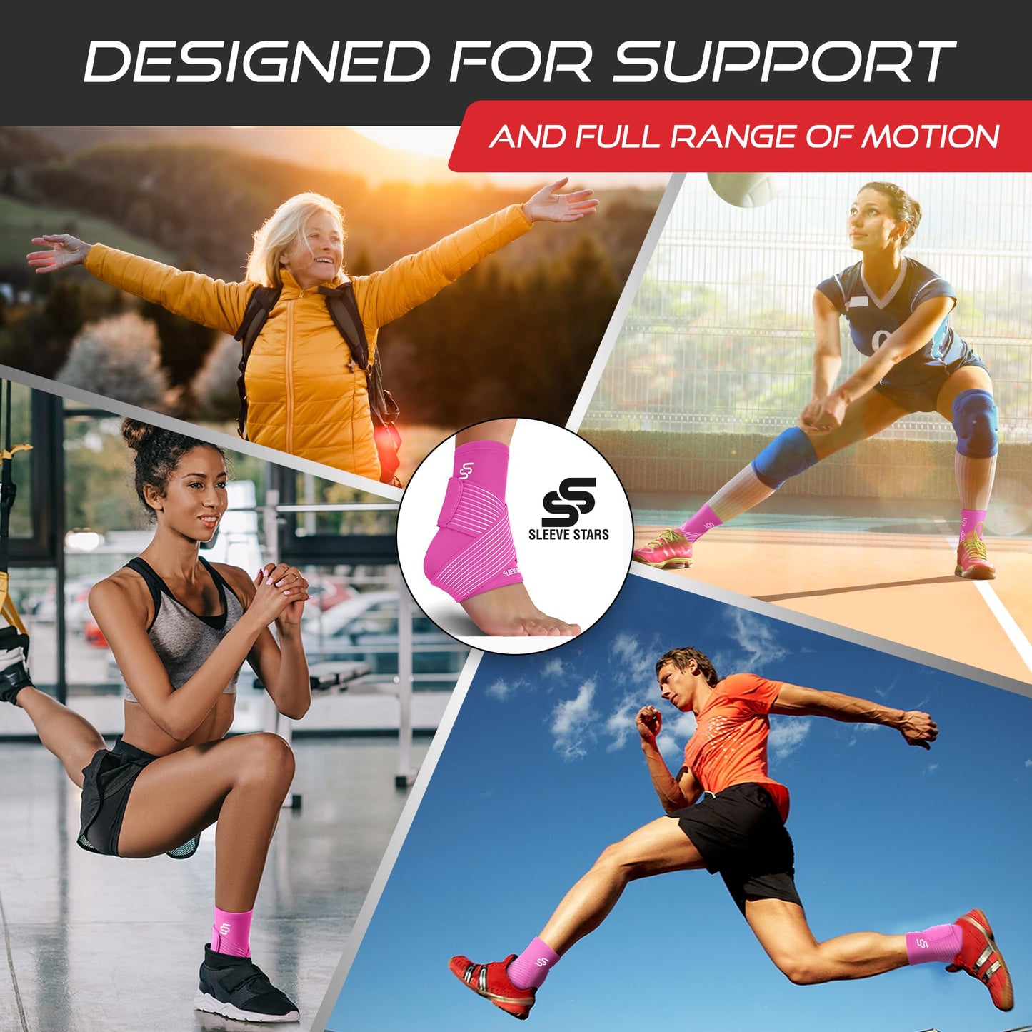 Sleeve Stars Ankle Brace for Sprained Ankle, Plantar Fasciitis Relief Achilles Tendonitis Brace, Ankle Support for Women & Men with Strap, Heel Protector Wrap for Pain & Compression (Single/Hot Pink)