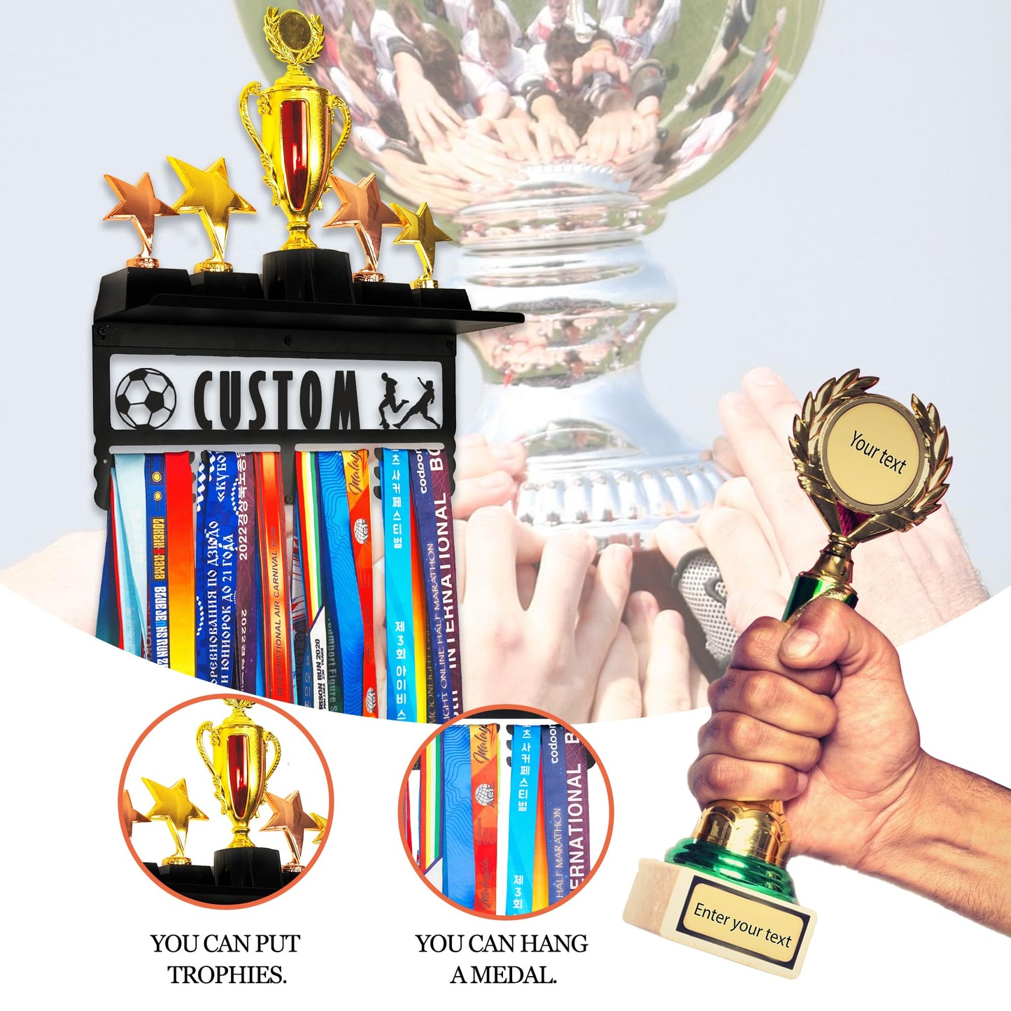 Goutoports Personalized Medal Hanger with Trophy Shelf and Custom Name Display Rack for Awards Ribbons and Trophies - Metal Holders - Holds Up to 60 Medals and Trophies - Gift for Athlete Sport Fan