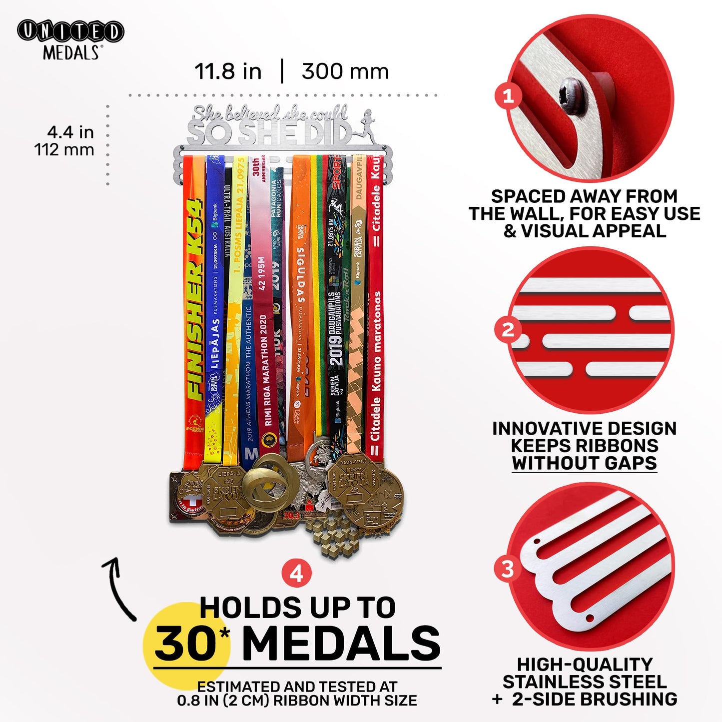 Sports Medal Hanger Display Race She Believed She Could So She Did | Brushed steel Race Medal Holder Awards Wall Mount | Running Marathon Race Medal Display for Wall | Steel medal holder for wall