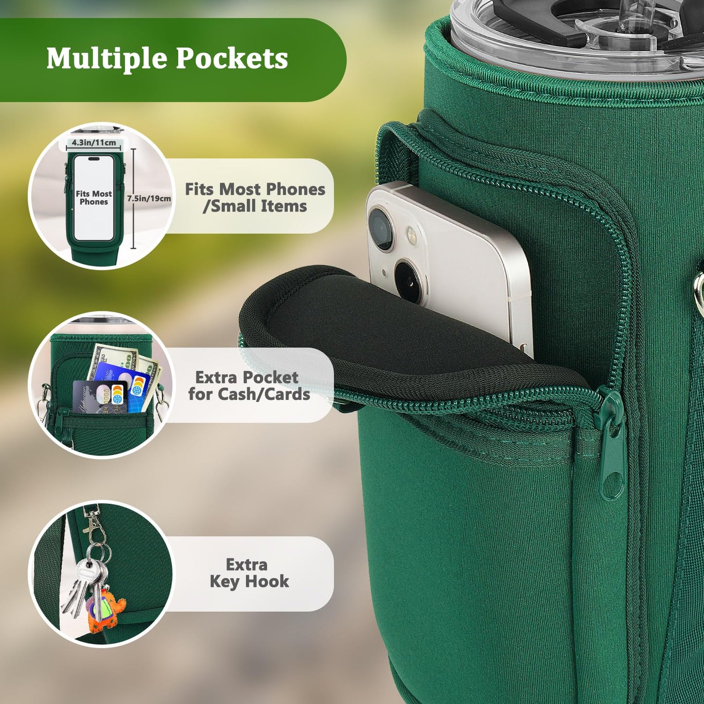 Water Bottle Carrier Bag with Phone Pocket Compatible with Stanley/Meoky 40 oz Tumbler with Handle,Neoprene Water Bottle Holder Pouch with Adjustable Strap Compatible with Stanley Cup Accessories