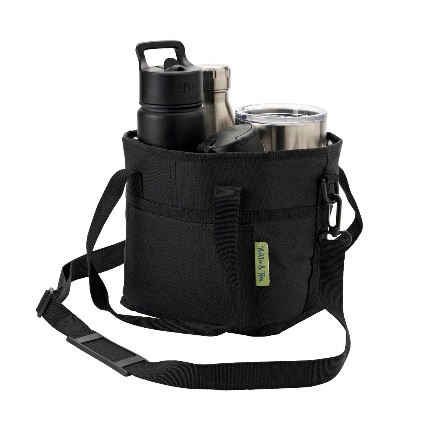 NoNa & Bee 4 Water Bottle Holder with Strap | Family Size 4 Compartment Drink Bag, Multiple Tumbler Carrier Caddy | Adjustable Fits Large & Small Drinks | Hands Free, Won't Tip Over in Car (Black)