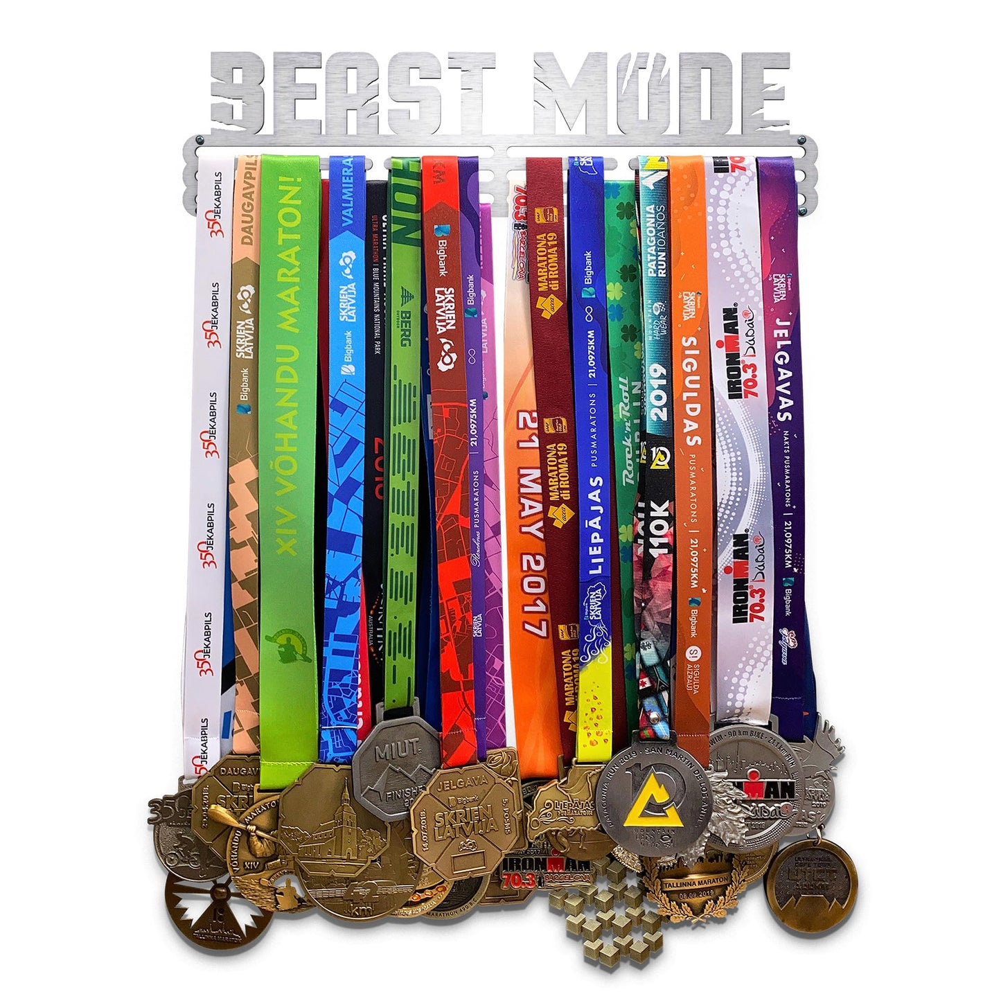 Sports Medal Hanger Display Race BEAST MODE | Brushed steel Race Medal Holder Awards Wall Mount | Running Marathon Race Medal Display for Wall | Steel medal holder for wall holds up to 48 Medals