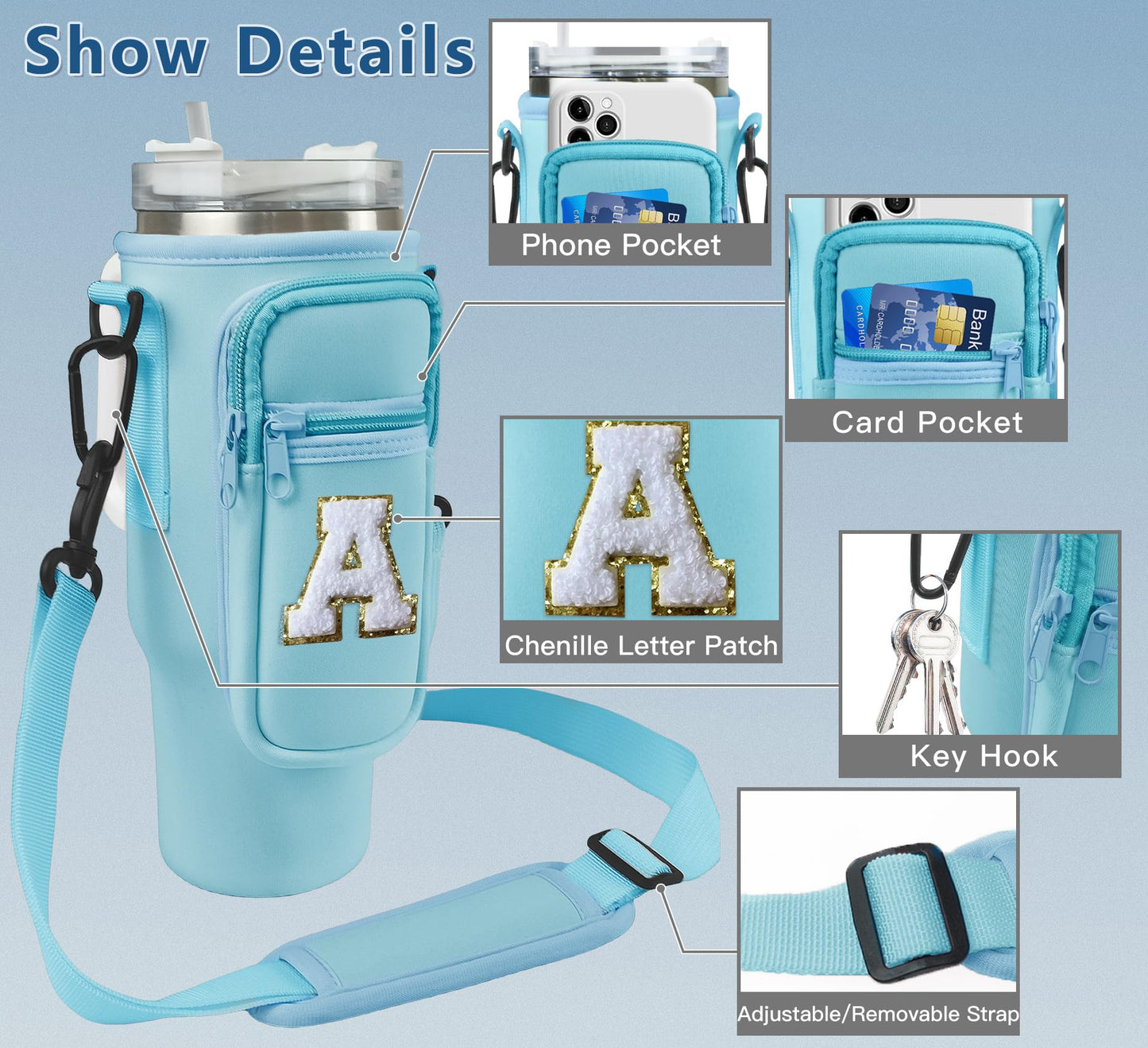 Aganmi Initial Water Bottle Carrier Bag with Phone Pocket for Stanley 40Oz Cup Accessories,Water Bottle Holder with Shoulder Strap Mothers Day Birthday Gifts for Women Mom Teacher Friend (Blue S)