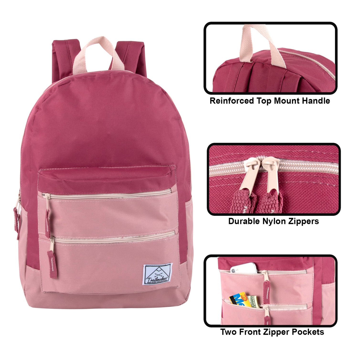 Trail maker Multi Pocket Multicolor Backpack with Adjustable Padded Straps (Raspberry)