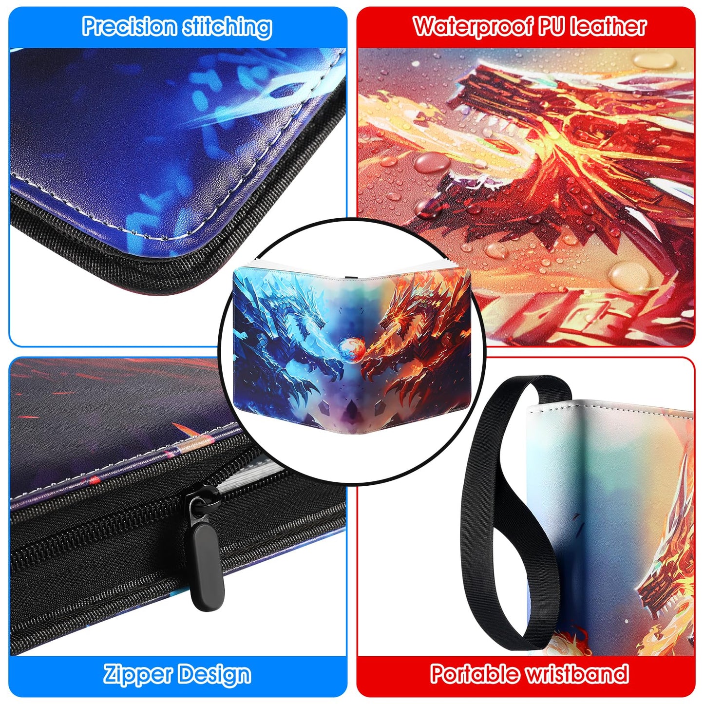 Trading Card Binder with Removable Sleeves, 3-Ring Card Holder with Zipper, Carrying Case Binder Album, Book Folder Storage Organizer (9 pocket with 900 cards)