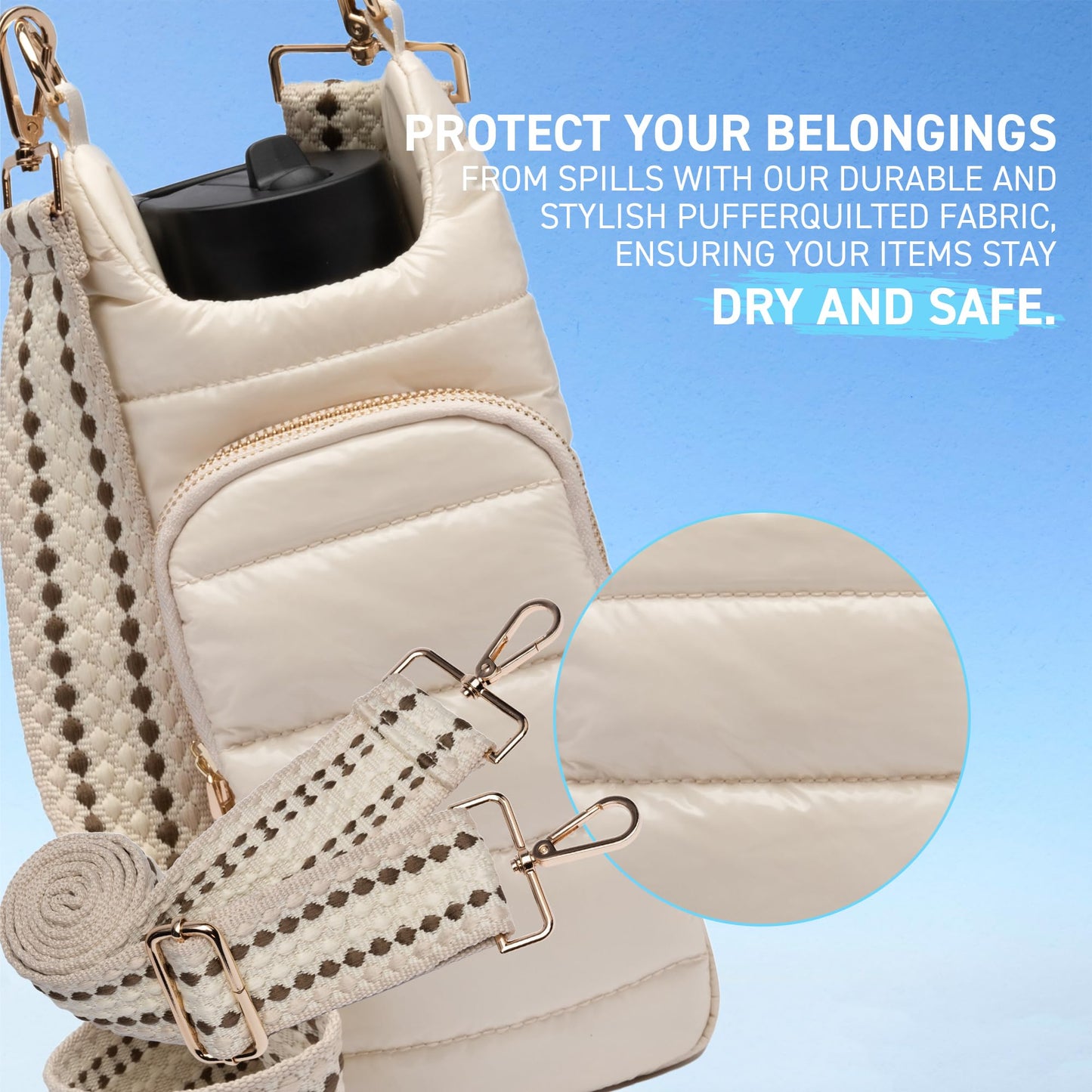 WanderFull Original Crossbody HydroBag | Quilted Water Bottle Carrier | Puffer Tote Tumbler Holder with Pockets for Purse, Phone & Accessories | Carry Travel Essentials (Ivory Gloss)