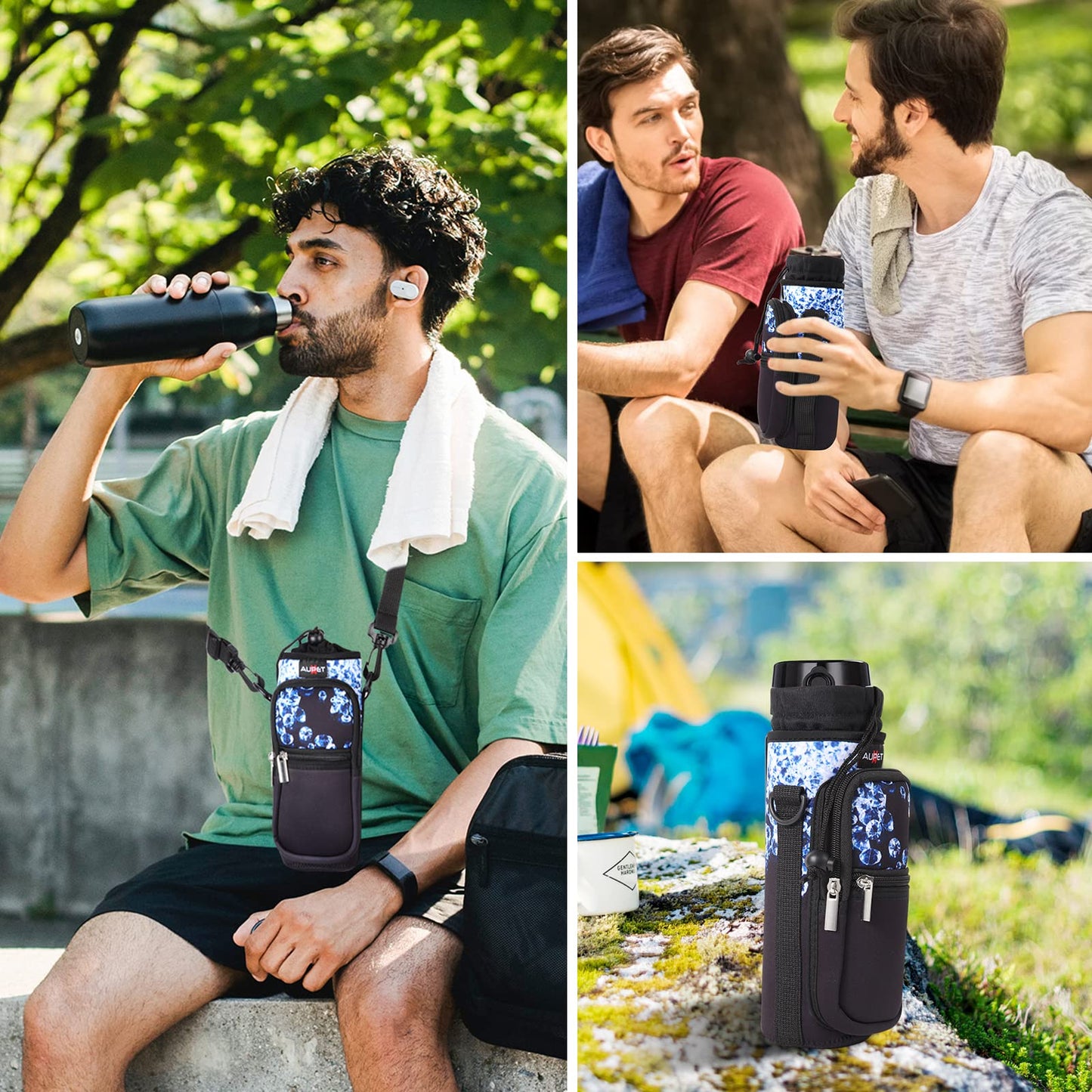 AUPET Water Bottle Sling Bag Sleeve Holder Carrier 25/32/40/64 oz,Insulated Crossbody Water Bottle Case Cover with Strap and Pockets for Men/Women Walking Hiking Camping (25oz, shinning Diamonds)