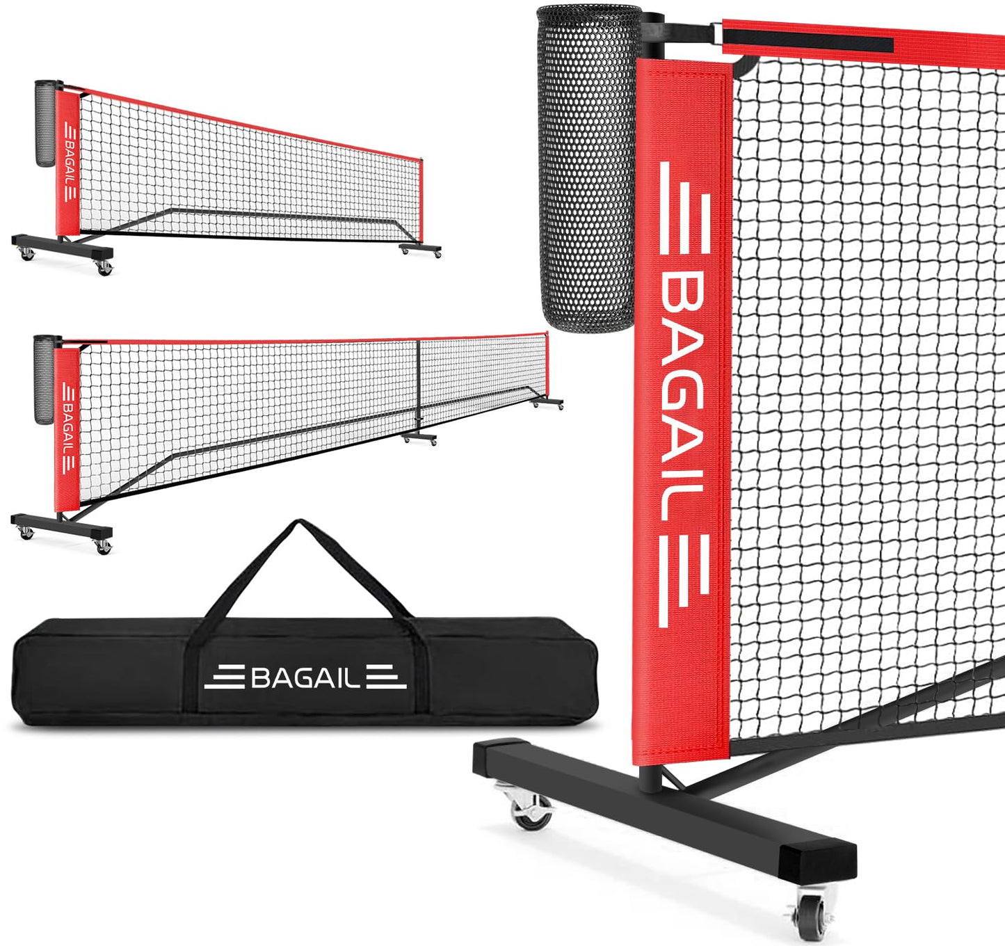 BAGAIL Portable Pickleball Net Set with Wheels, 22 FT Regulation Size & 11 FT Half Court Size 2-in-1 Pickle Ball Net with Ball Collector, Carry Bag, Easy Setup for Outdoor Indoor Driveway - Red