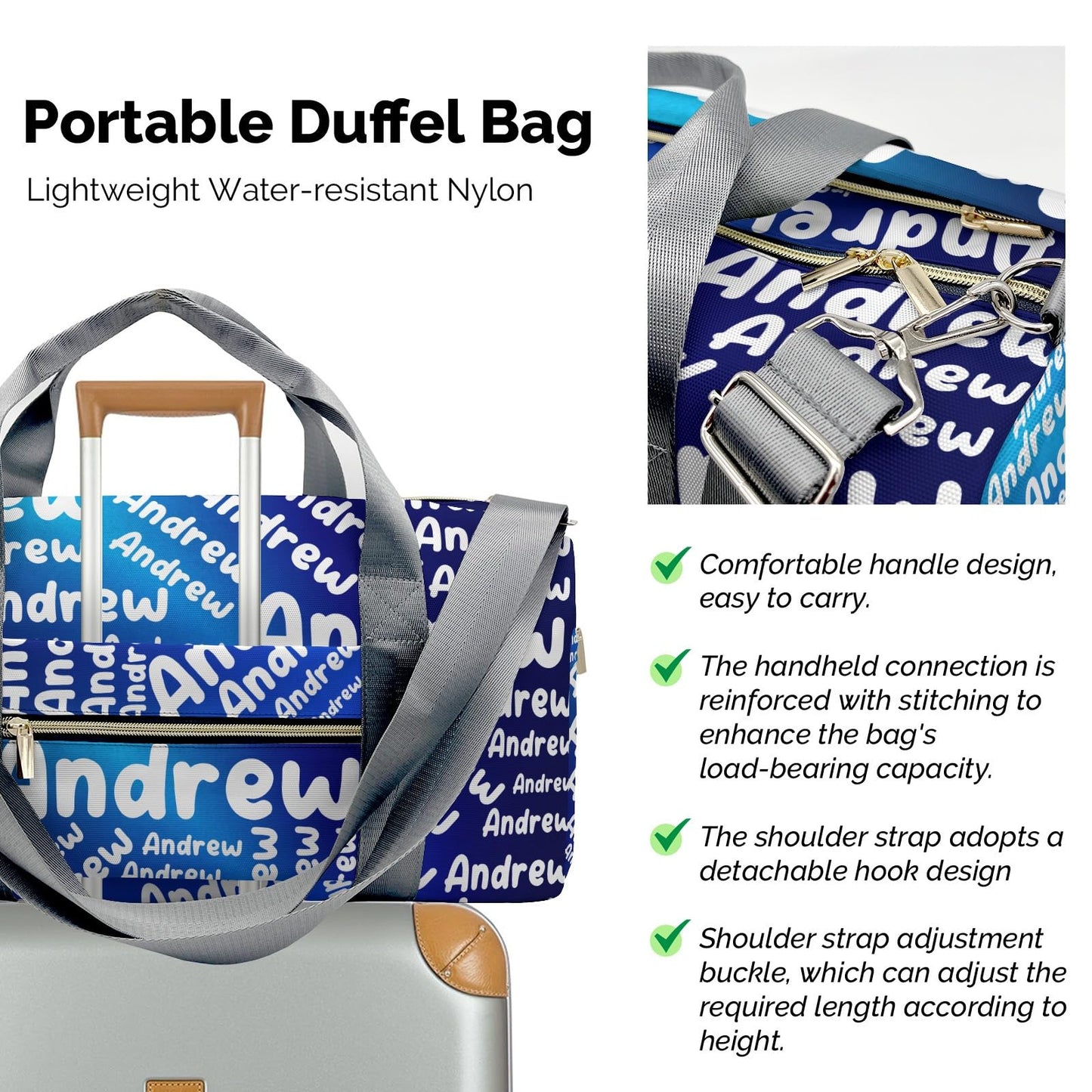 Personalized Sports Gym Bag Weekender Overnight Bags Blue Gradient Customized Travel Duffel Bag with Name Waterproof Luggage Bag for Women