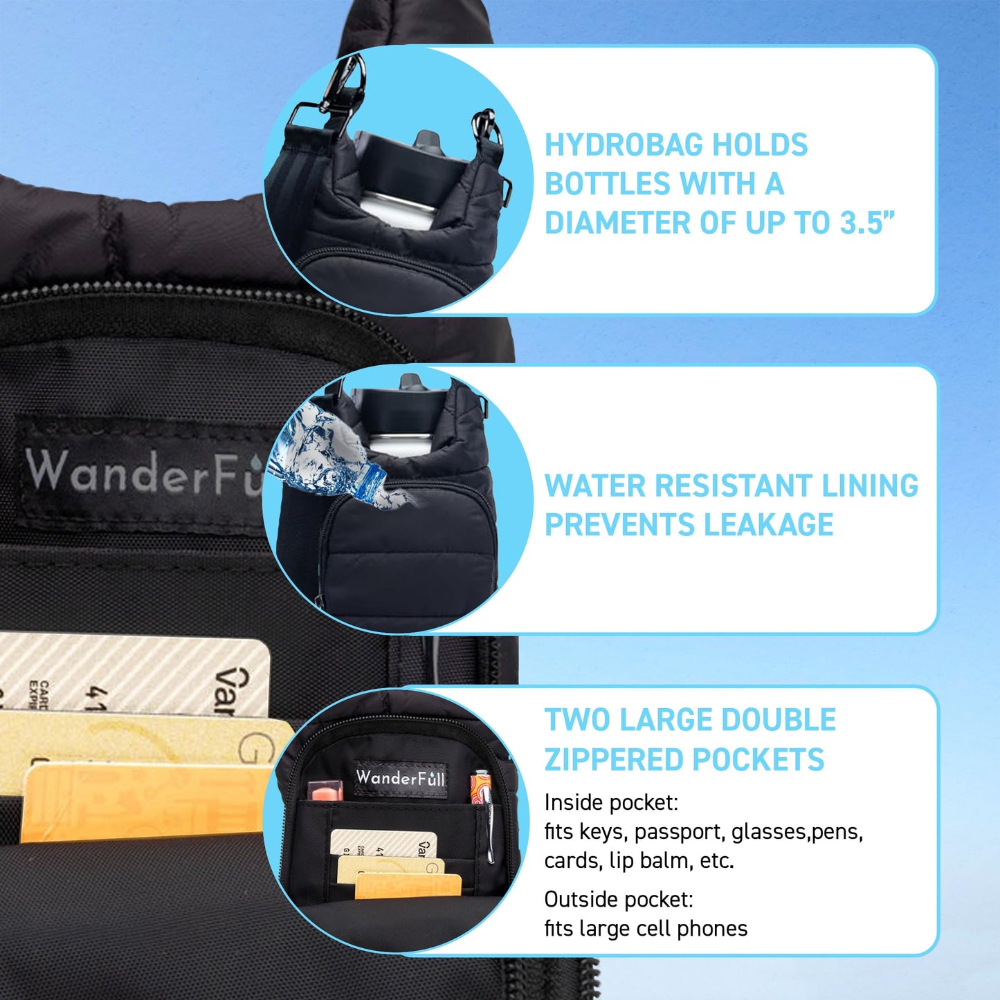 WanderFull Original Crossbody HydroBag | Quilted Water Bottle Carrier | Puffer Tote Tumbler Holder with Pockets for Purse, Phone & Accessories | Carry Travel Essentials (Matte Black/Black Strap)