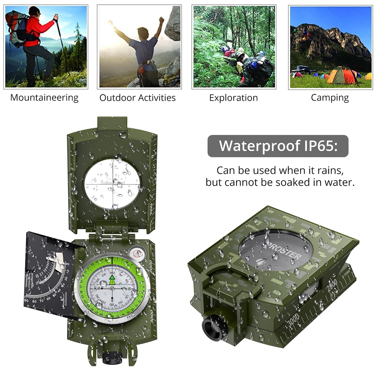 Proster IP65 Hiking Compass Metal Compass - Waterproof Compass Camping Compass with Sighting Clinometer with Carry Bag for Camping Hunting Hiking Geology Activities