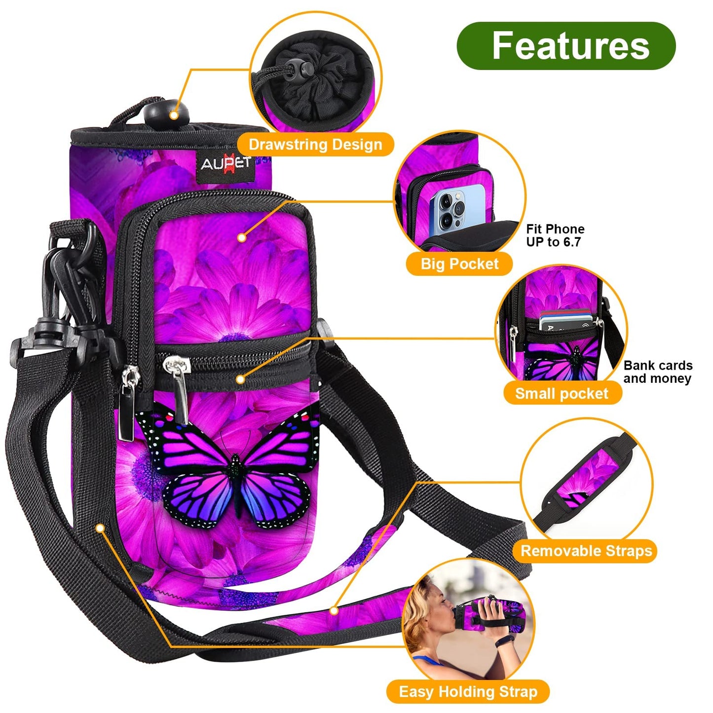 AUPET Water Bottle Sling Bag Sleeve Holder Carrier 25/32/40/64 oz,Insulated Crossbody Water Bottle Case Cover with Strap and Pockets for Men/Women Walking Hiking Camping (25oz, butterflys)