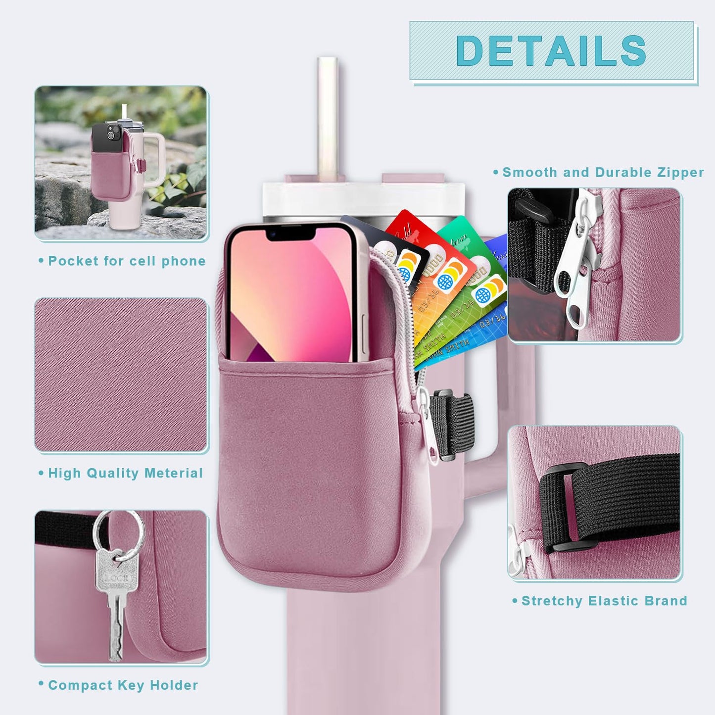 Multifunctional Water Bottle Pouch for Stanley Cups with Adjustable Strap, Gym Accessories for Women, Sports Water Bottle Accessories, Tumbler Pouch for Cards, Keys, Wallet, Earphone, etc