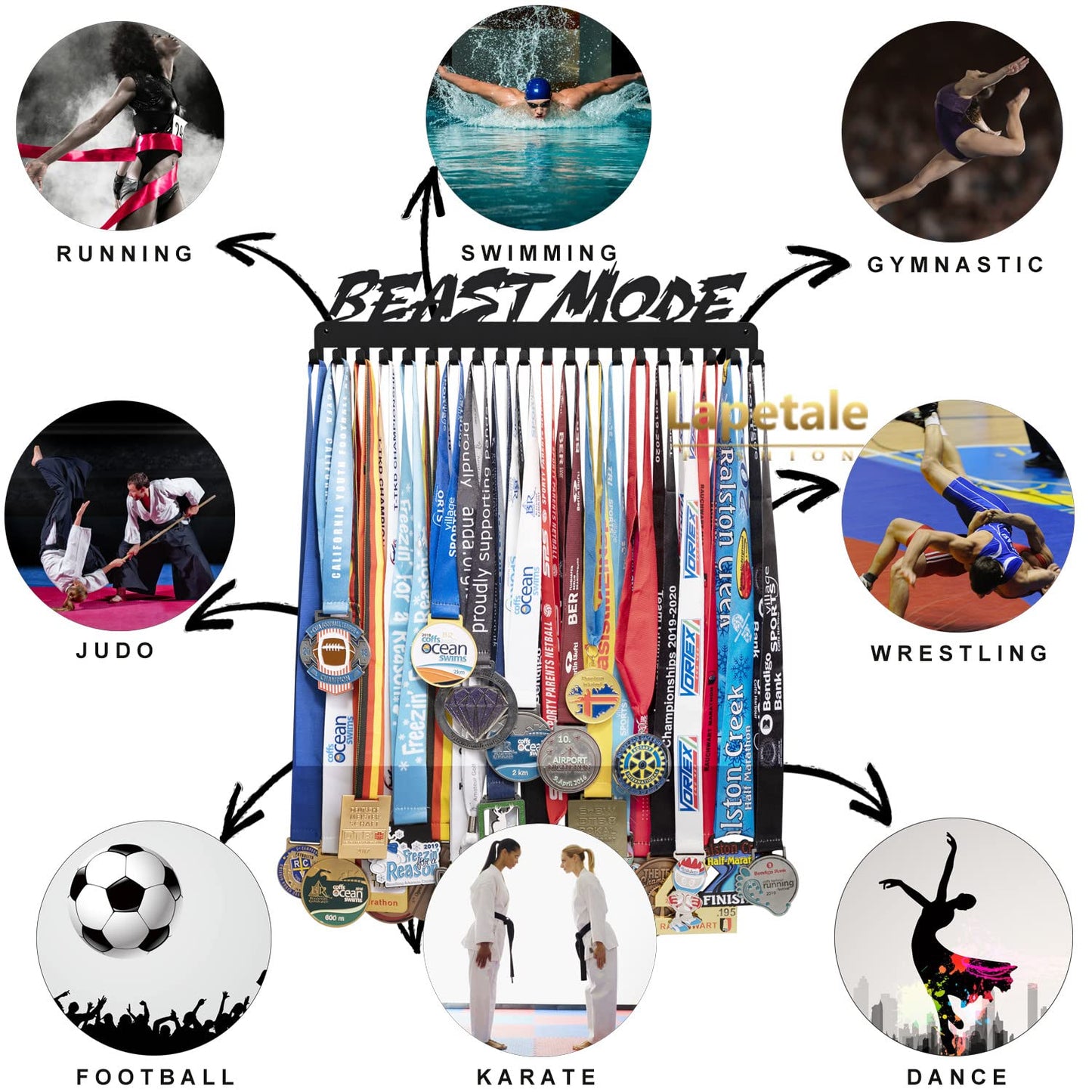 Lapetale Fashion Beast Mode Sports Race Medal Holder Hanger Display Rack Award Ribbon Organizer for Race,Running,Soccer,Gymnastic,Wrestling,Upgraded Extension Hooks Easy Install Easy to Use