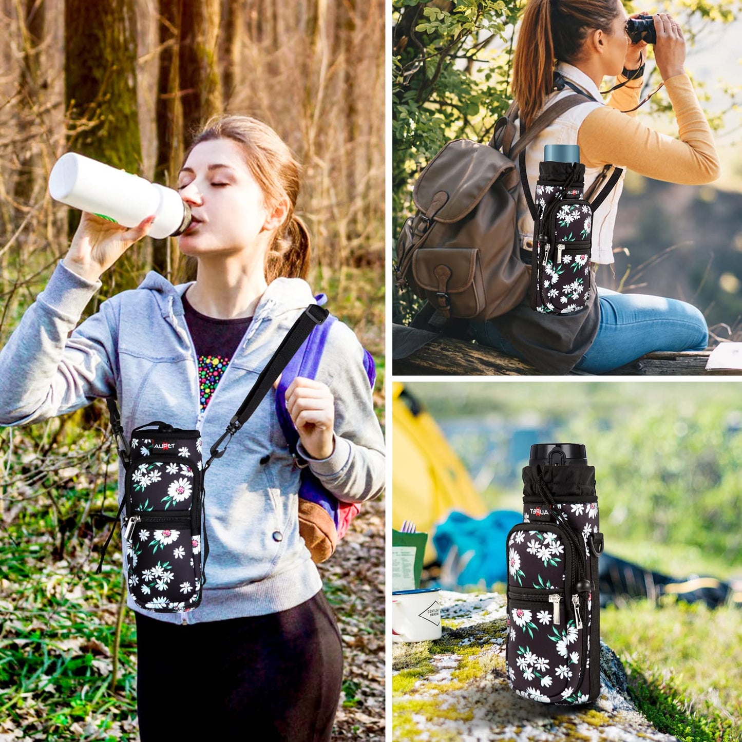 AUPET Water Bottle Sling Bag Sleeve Holder Carrier 25/32/40/64 oz,Insulated Crossbody Water Bottle Case Cover with Strap and Pockets for Men/Women Walking Hiking Camping (25oz, white flowers)