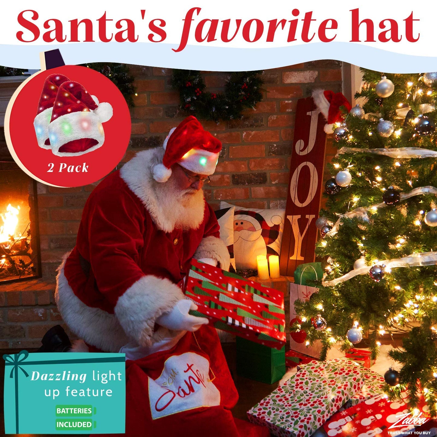 Winks Novelty Plush Santa Hat - Pack of 2 - Funny Christmas Hats for Kids & Adults with 20 Light Up, Color-Changing LED Lights and Batteries - Adult Size