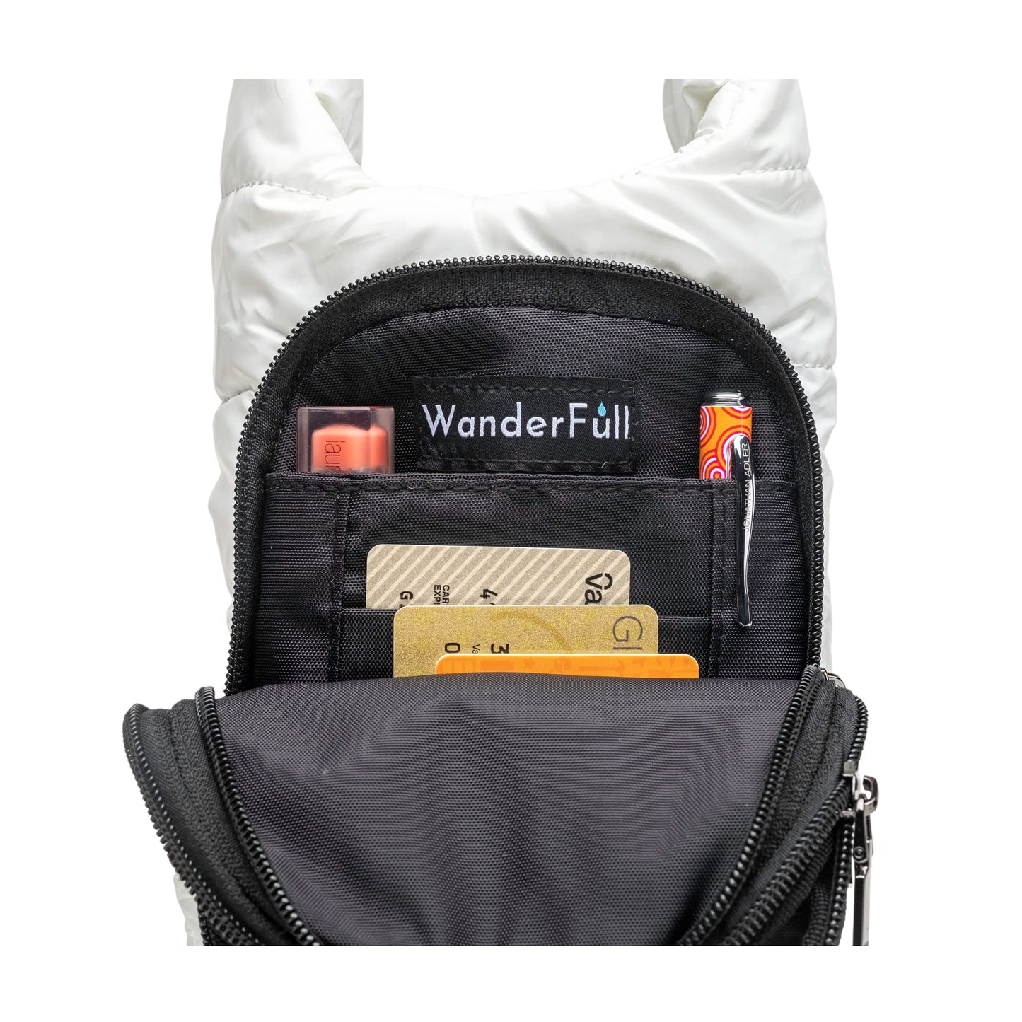 WanderFull Original Crossbody HydroBag | Quilted Water Bottle Carrier | Puffer Tote Tumbler Holder with Pockets for Phone & Accessories | Carry Travel Essentials (White Glossy/Interchangeable Strap)