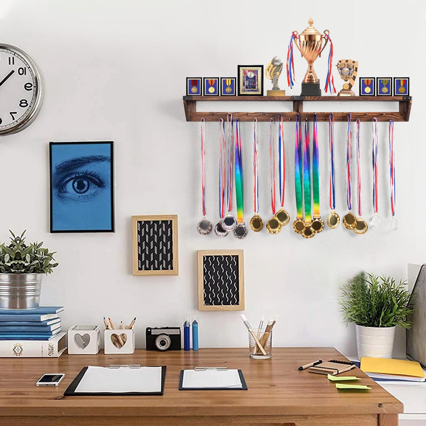 Lavievert Gymnastic Medal Hanger with Storage Shelf, Wooden Wall-Mounted Trophy Shelf, Race Medal Display Rack Holder with 23 Hanging Bars - Brown