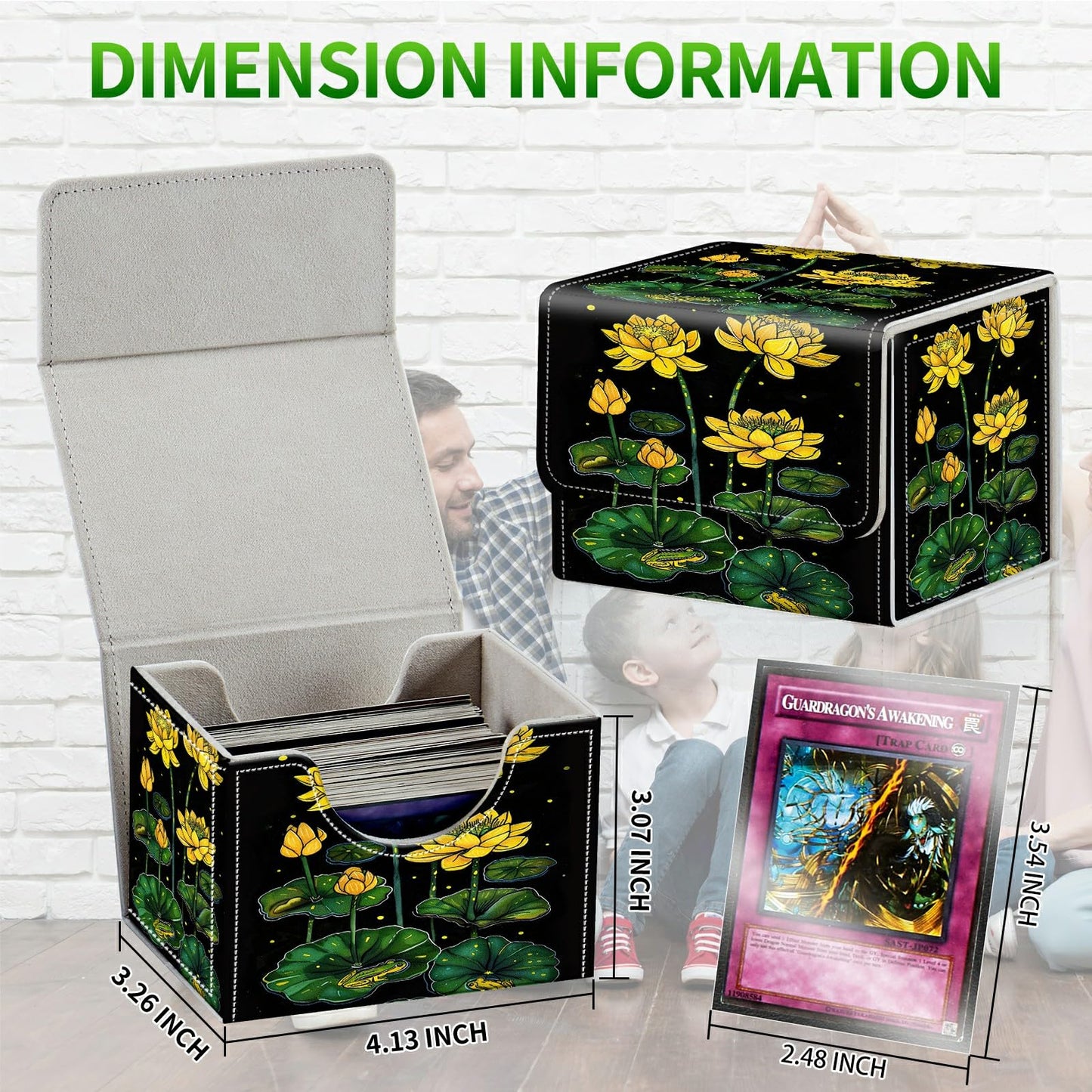RWUTYTIUL Card Deck Box for MTG Cards, Card Storage Box Fits 100+ Sleeved Cards, PU Leather Large Size Strong Magnet Card Deck Case Holder for Board Game Magic MTG TCG CCG, Yellow Lotus
