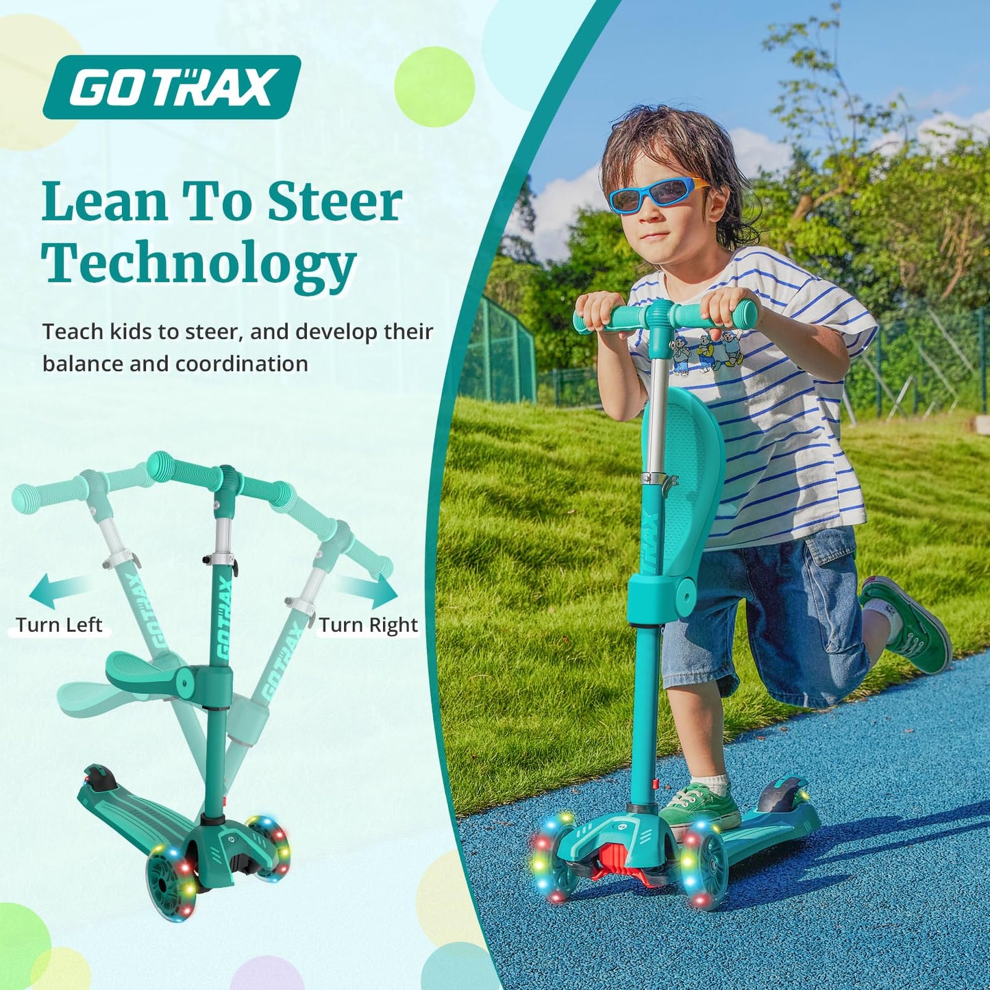 Gotrax KS3 Kids Kick Scooter, LED Lighted Wheels, Adjustable Height Handlebars and Removable Seat, Lean-to-Steer & Widen Anti-Slip Deck, 3 Wheel Scooter for Kids Ages 2-8 and up to 100 Lbs (Green)