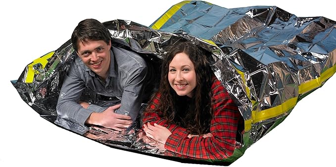 Emergency Thermal Mylar 2 Person Sleeping Bags -Ultra Compact for Camping, Survival, Disaster Bivouac Shelter- Pocket Sized, 7.25ft x 5.25ft - Retains 90% of Body Heat and Repels Wind & Water