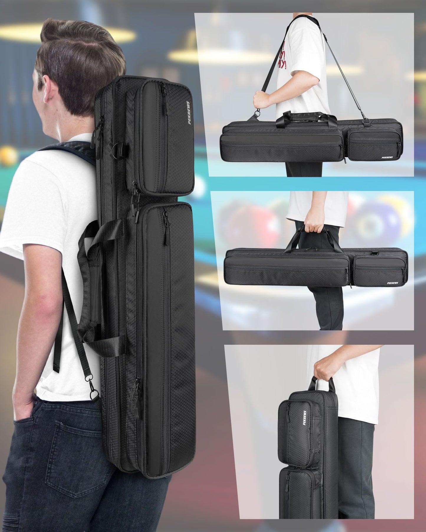 PEKREWS Pool Cue Case 4x5, Pool Stick Case with Multiple Pockets Holds 4 Butts 5 Shafts, Soft Padded Sturdy Pool Cue Bag, Billiard Cue Backpack with Adjustable Shoulder Straps for Men and Women