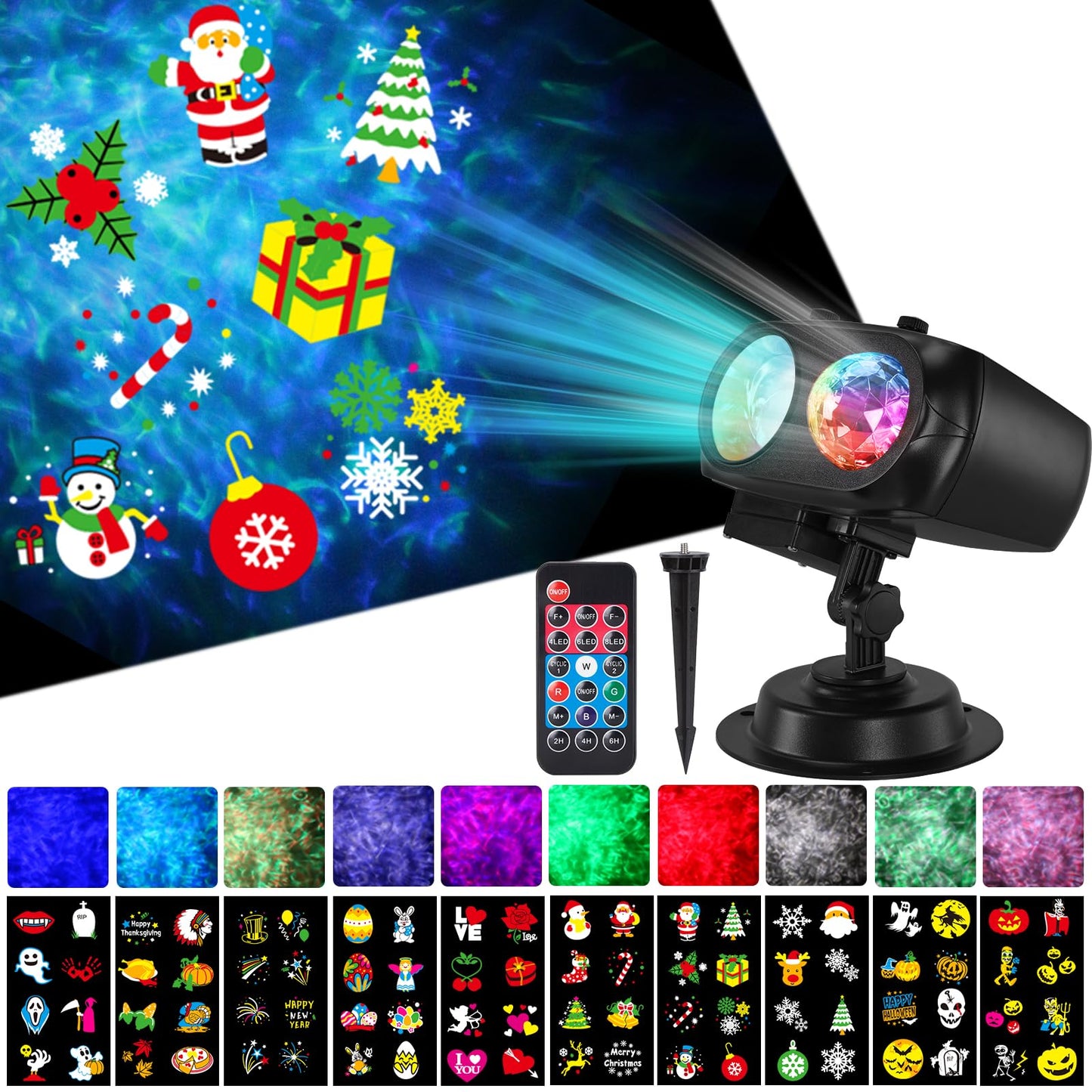 HAKUTA Halloween Christmas Projector Lights,HD Wave Ocean Effect LED Projector with 10 HD Slides (3D Ocean Wave +Patterns) and Remote Control for Christmas, Halloween, Thanksgiving