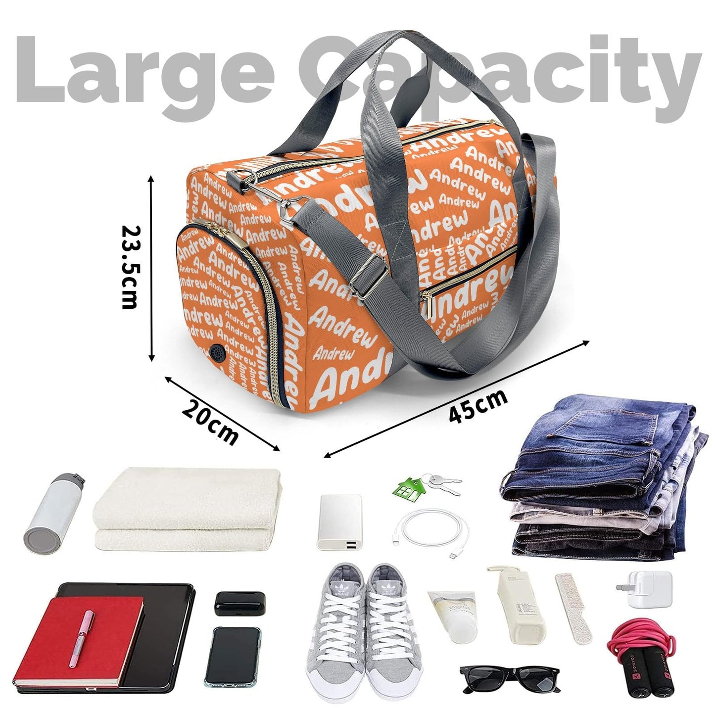 Personalized Sports Gym Bag Weekender Overnight Bags Orange Customized Travel Duffel Bag with Name Waterproof Luggage Bag for Women