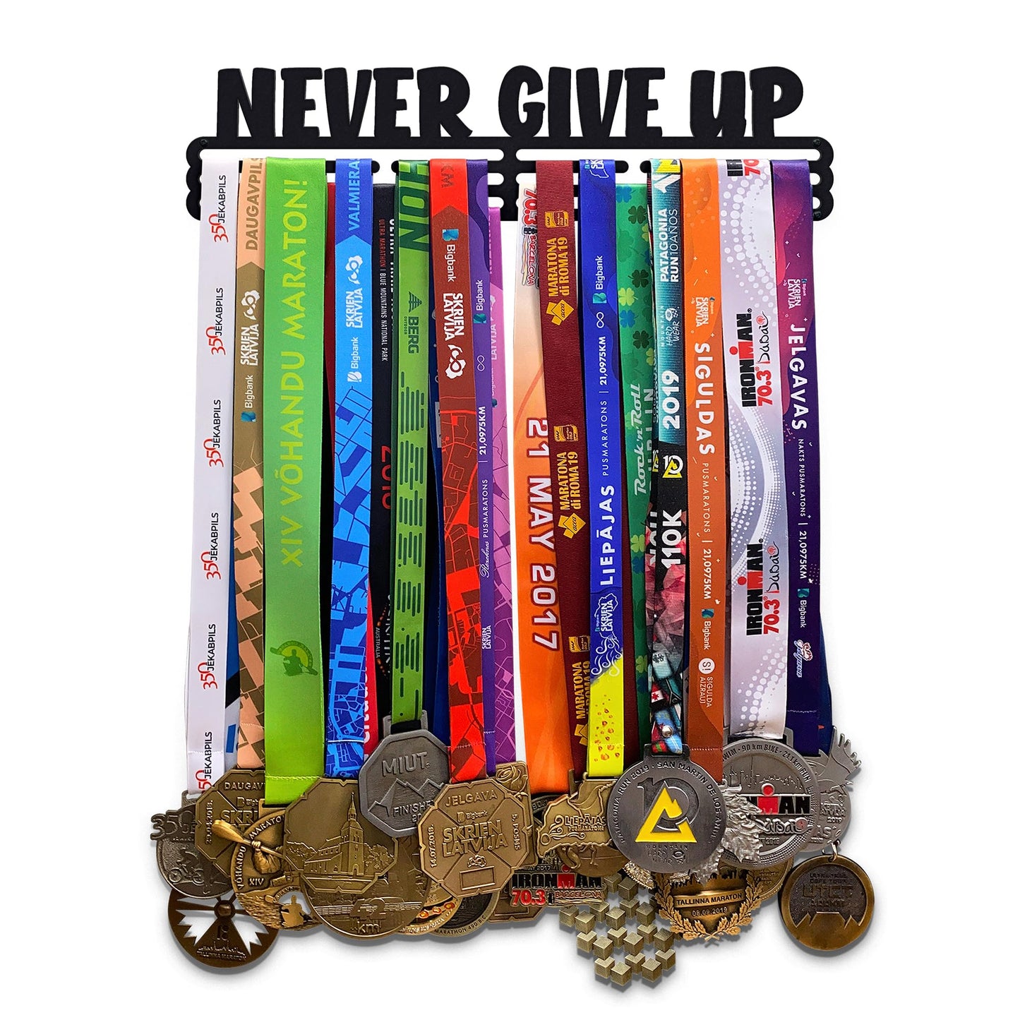 Sports Medal Hanger Display Race NEVER GIVE UP | Black Race Medal Holder Awards Wall Mount | Running Marathon Race Medal Display for Wall | Steel medal holder for wall holds up to 48 Medals
