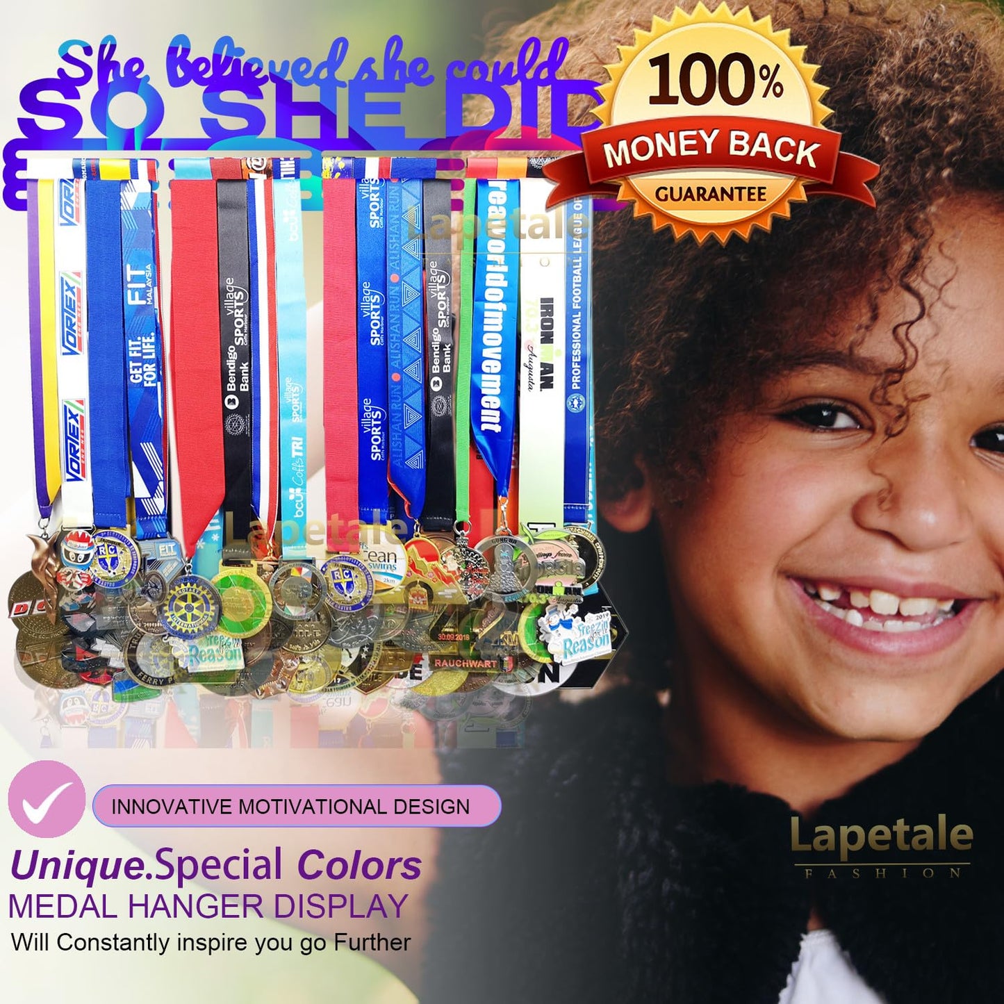 Lapetale Fashion She Believed She Could SO SHE DID Medal Hanger Display,Gymnastics Medal Holder for Girls,Medal Holder Upgraded New for Sports,Cheer,Gymnastics,Soccer,Softball,Marathon